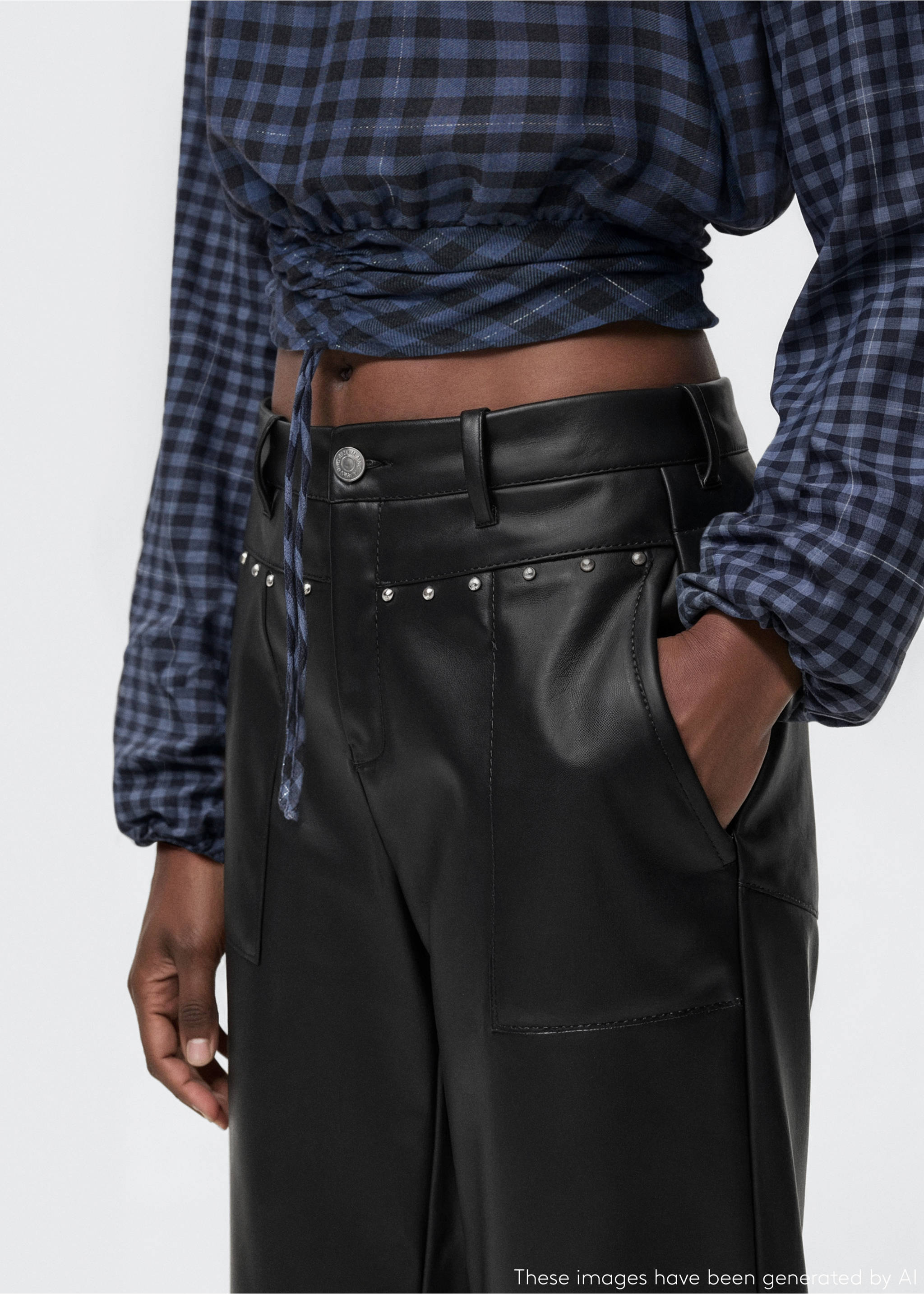Studded leather-effect trousers - Details of the article 3, Black. Ref: 17074778-00.
