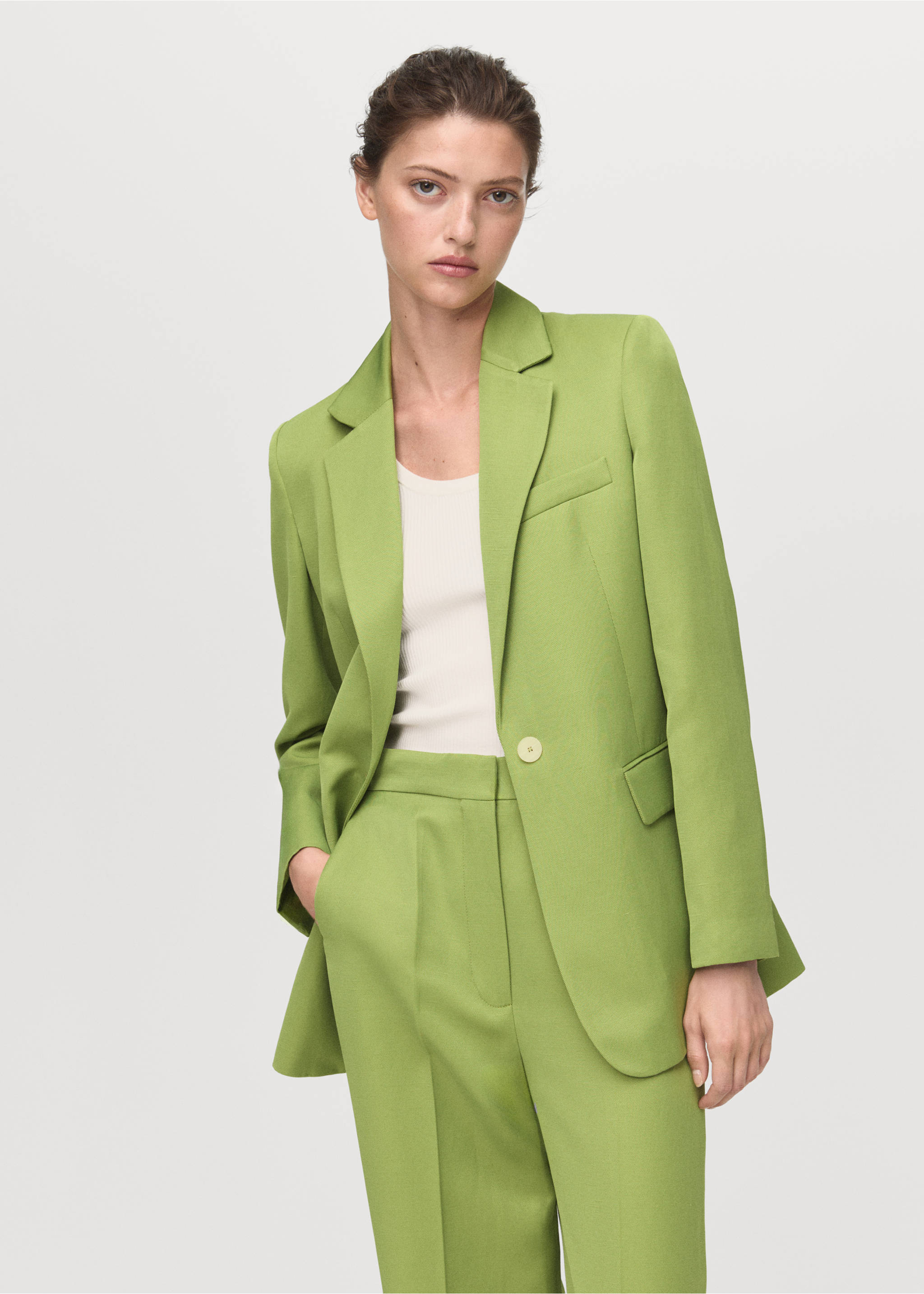 Straight-fit linen-blend suit trousers - Details of the article 1, Green. Ref: 17074790-00.