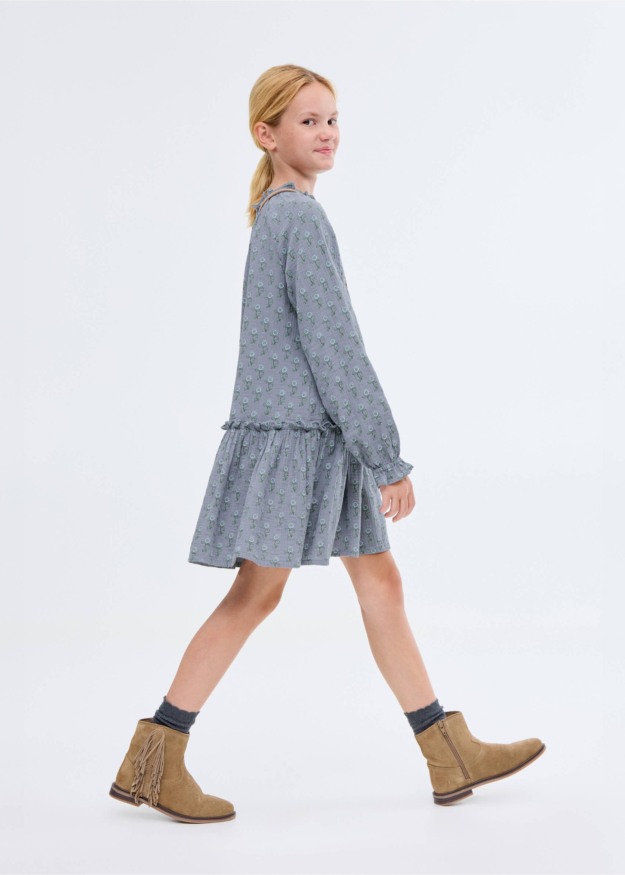 Ruffled floral dress - Details of the article 2, Sky Blue. Ref: 17075151-00.