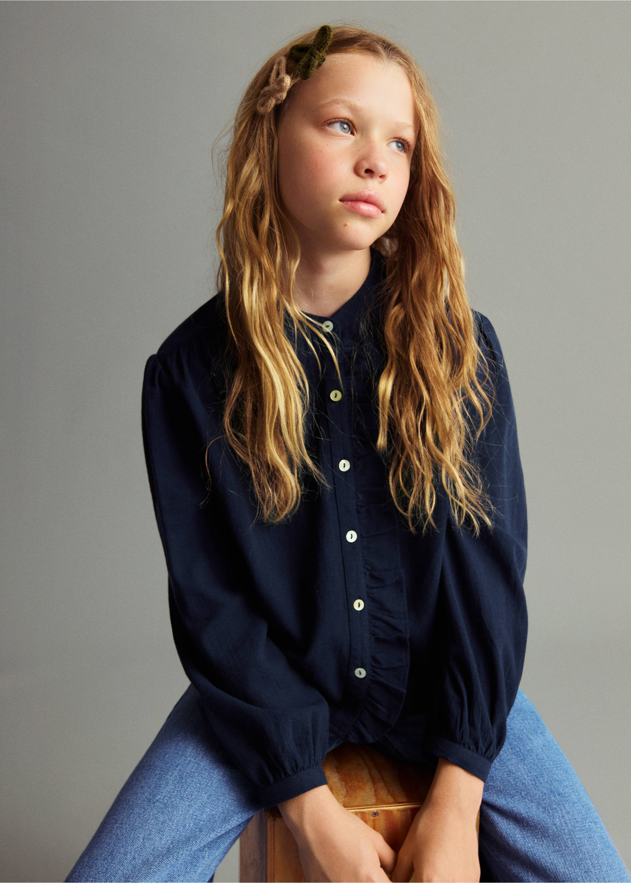 Ruffle cotton blouse - Medium plane, Navy. Ref: 17075156-00.