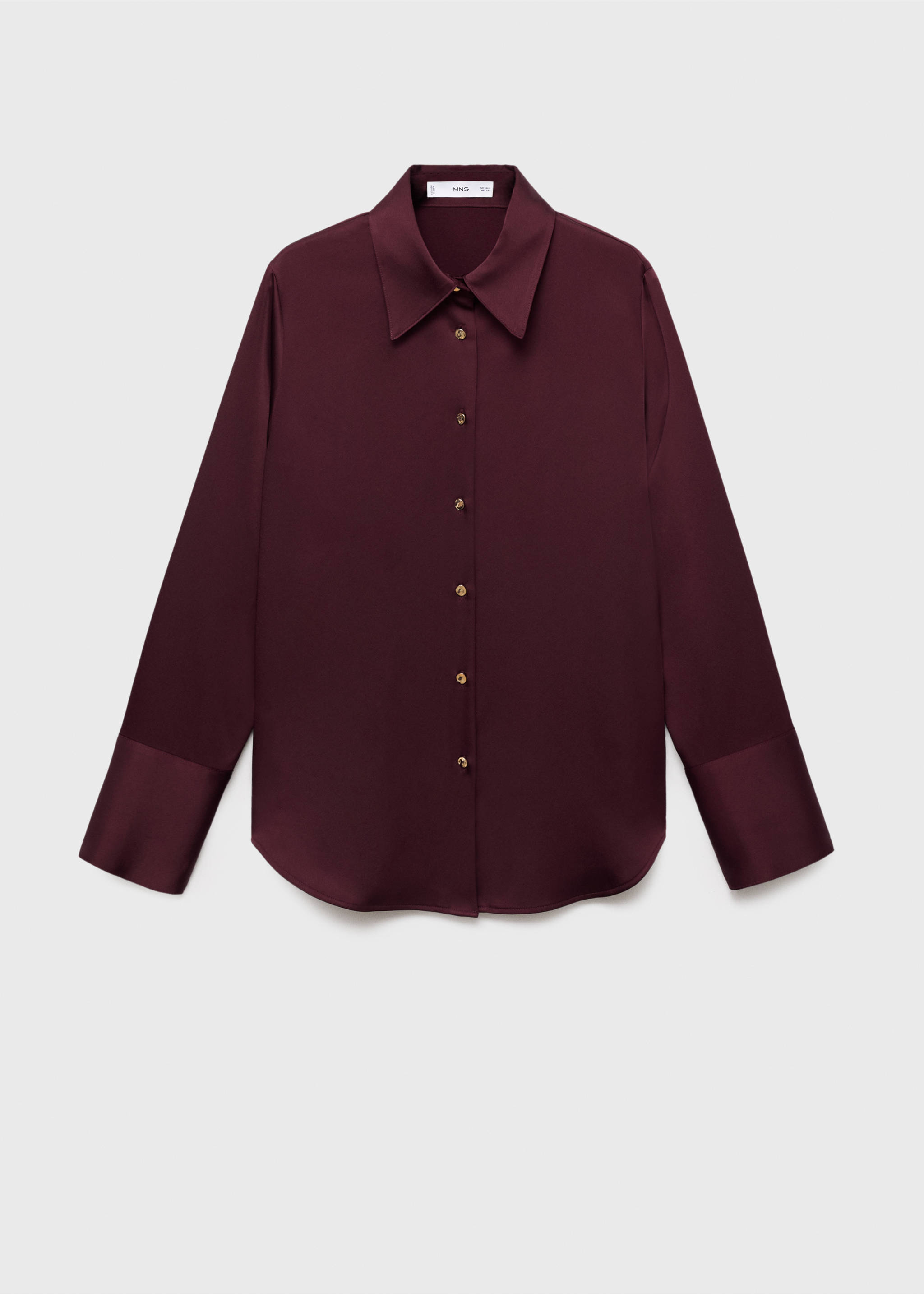 Dark burgundy long-sleeved satin shirt with a classic collar and gold buttons., Burgundy. Ref: 17075801-00.