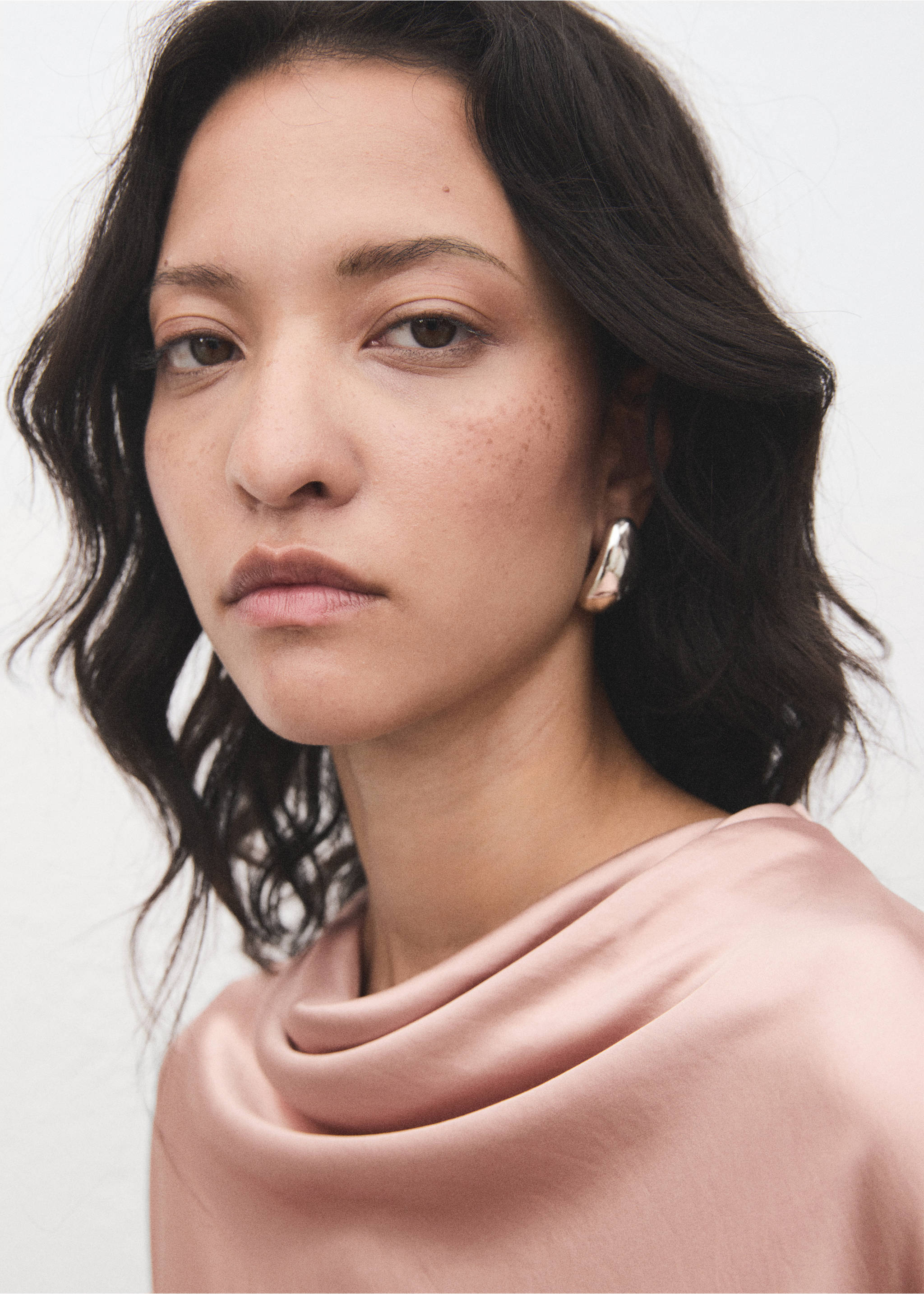 Satin blouse with draped neck - Details of the article 1, Pale Pink. Ref: 17075804-00.