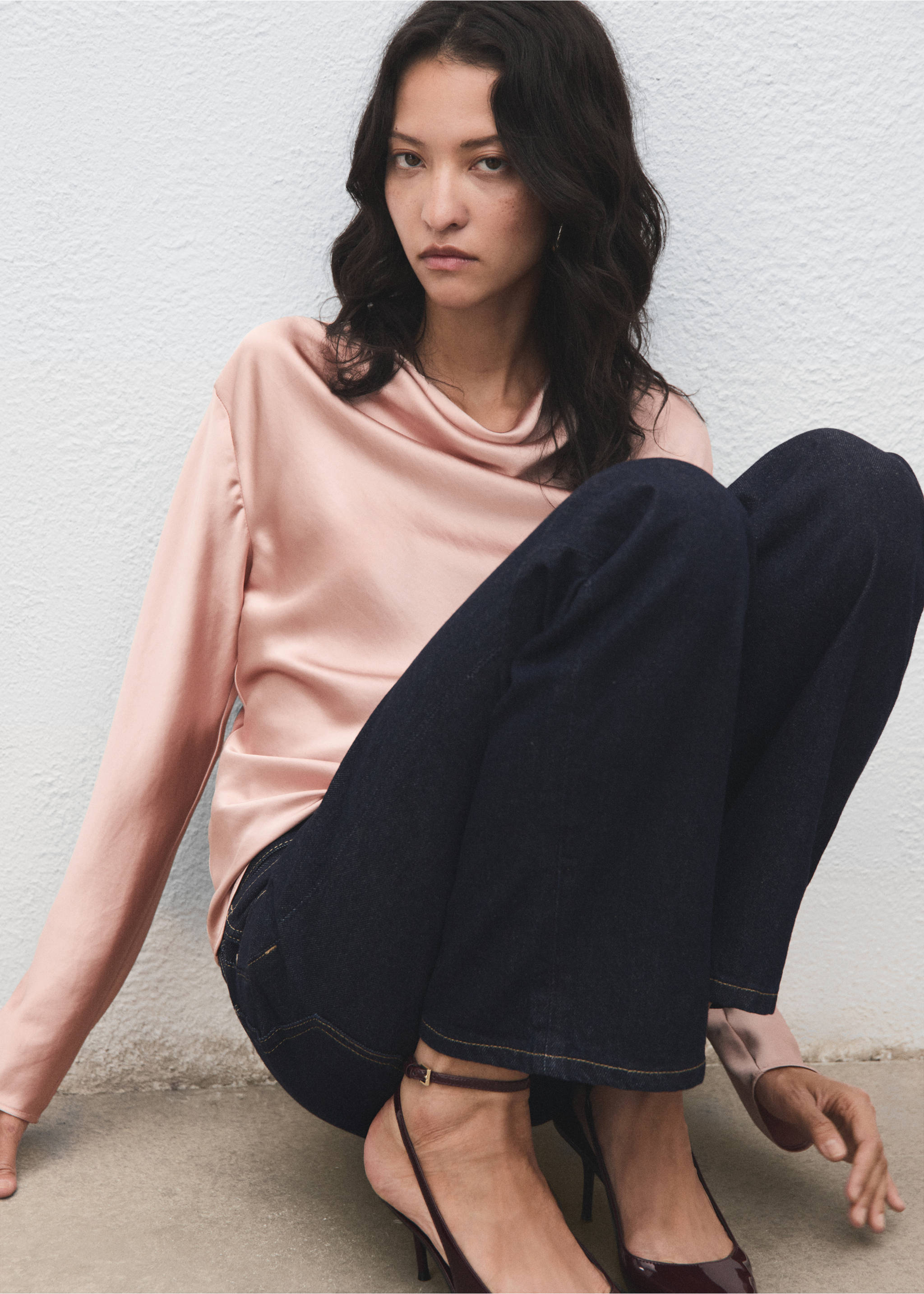 Satin blouse with draped neck - Details of the article 2, Pale Pink. Ref: 17075804-00.