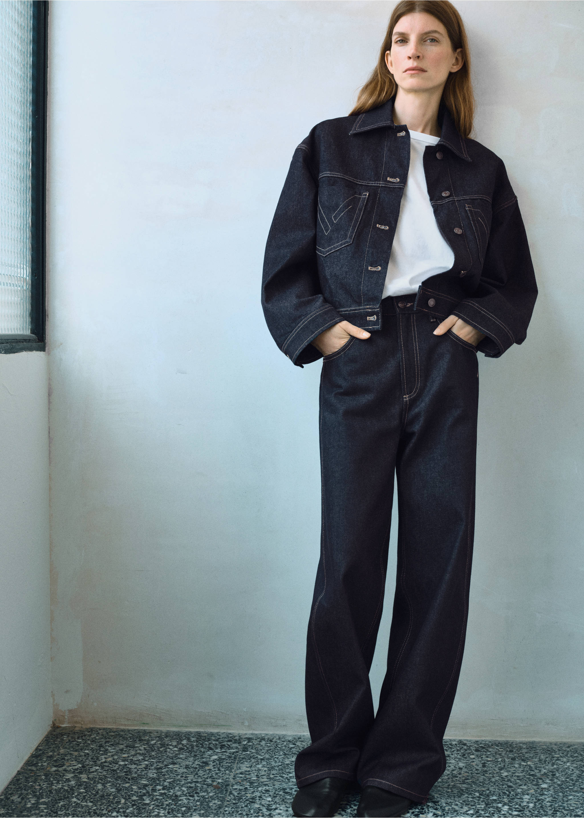Denim jacket with decorative stitching - General plane, Open Blue. Ref: 17075805-00.