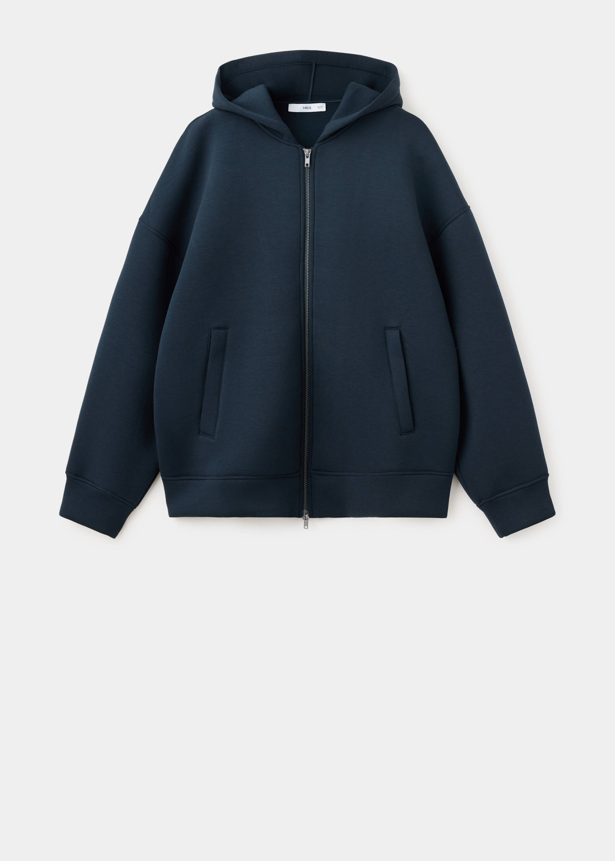 Dark blue oversized zip-up hoodie with a hood and front pockets.
