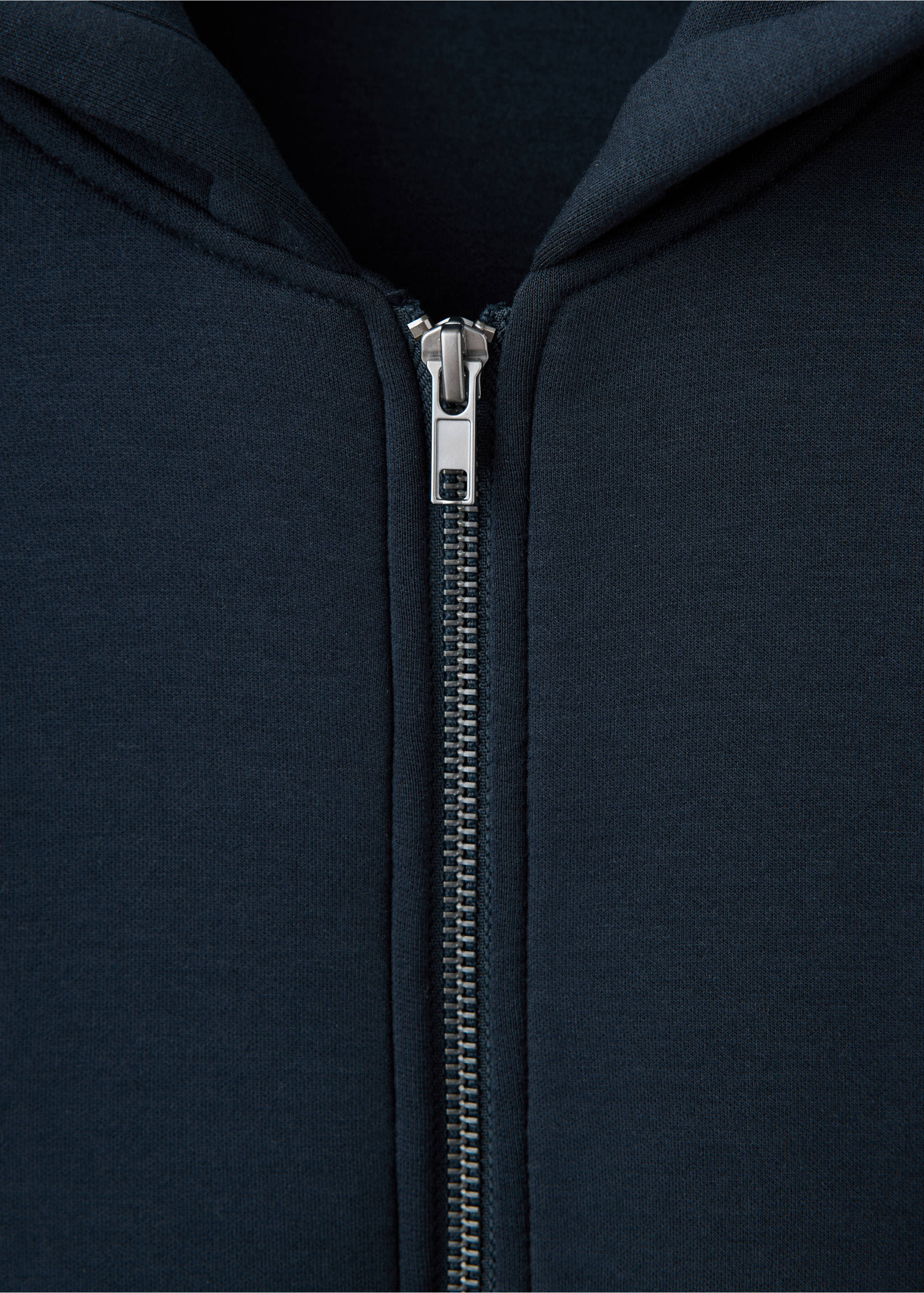 Close-up of a navy blue zip-up hoodie featuring a metal zipper., Navy. Ref: 17075819-00.