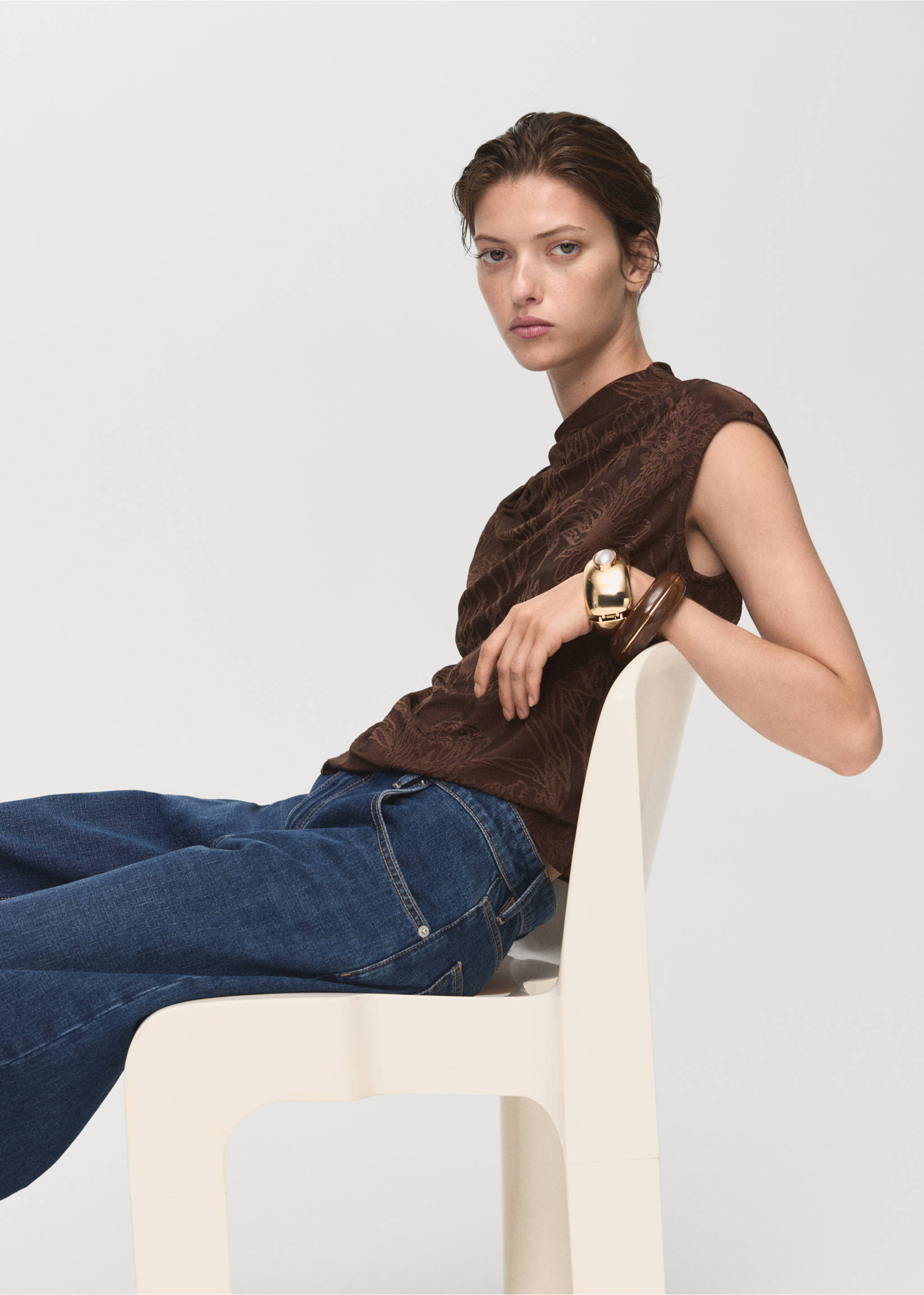 Jacquard floral-print top - Details of the article 2, Brown. Ref: 17075827-00.