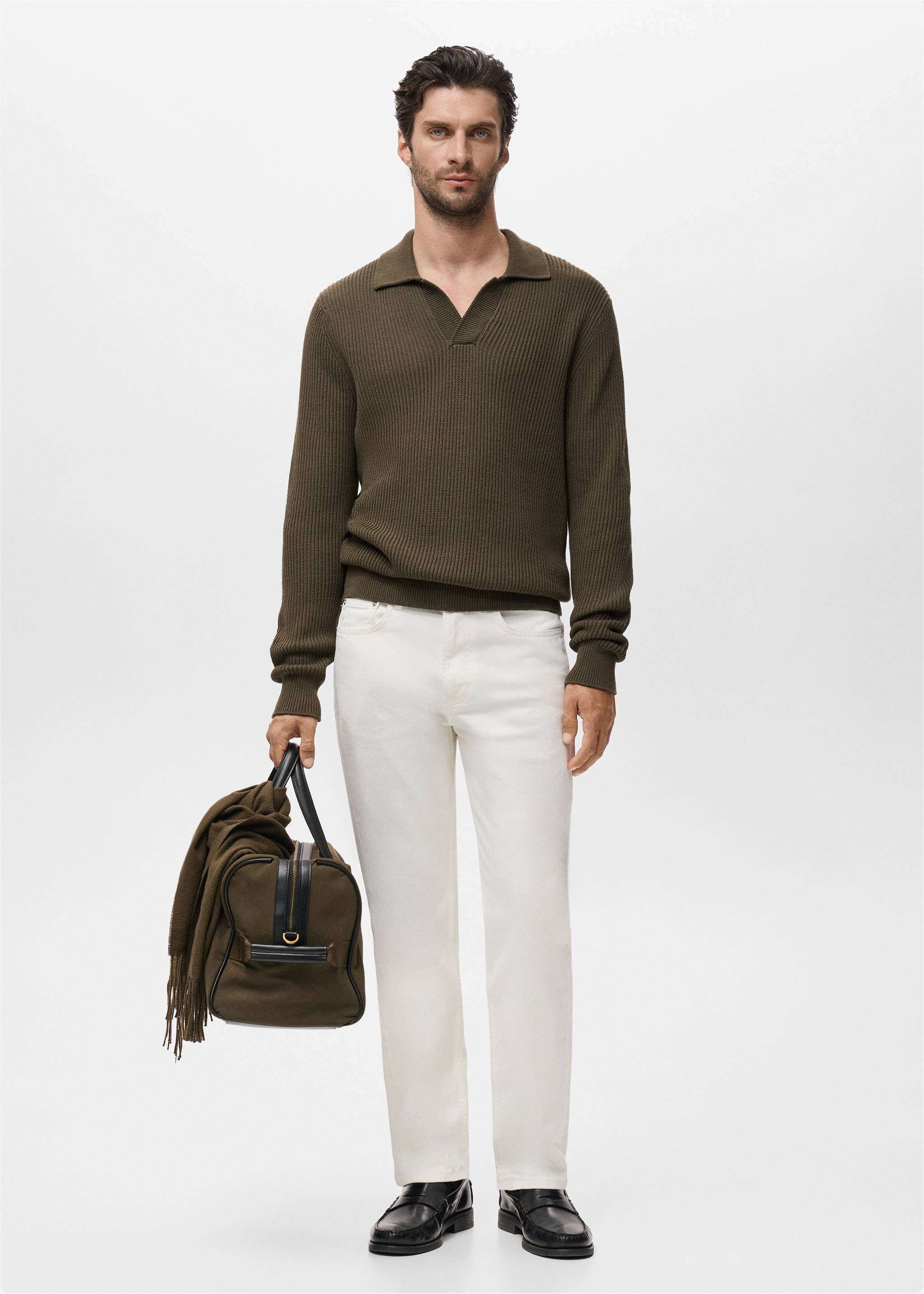 Structured cotton polo sweater - General plane, Olive Green. Ref: 17075972-00.