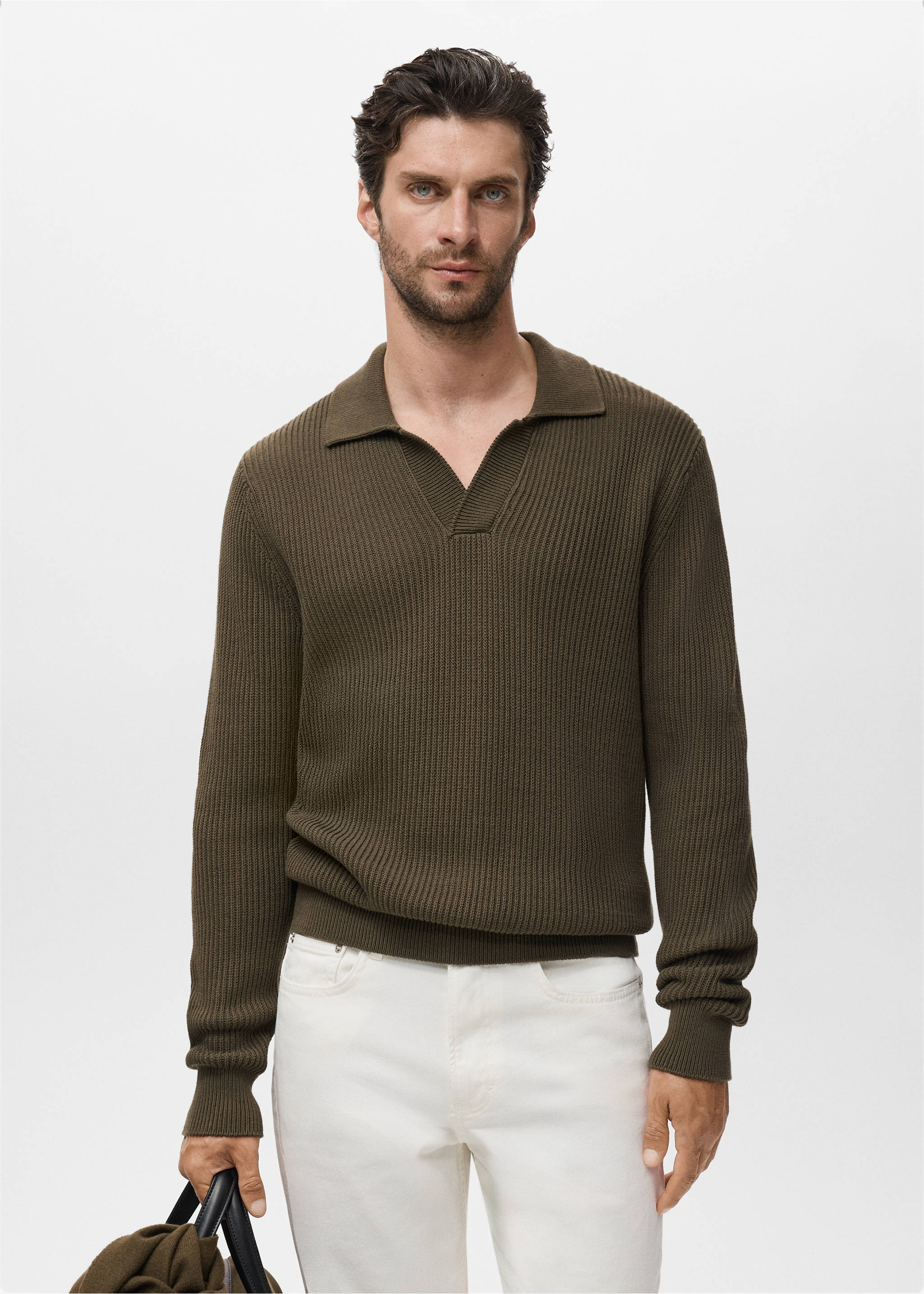 Structured cotton polo sweater - Medium plane, Olive Green. Ref: 17075972-00.