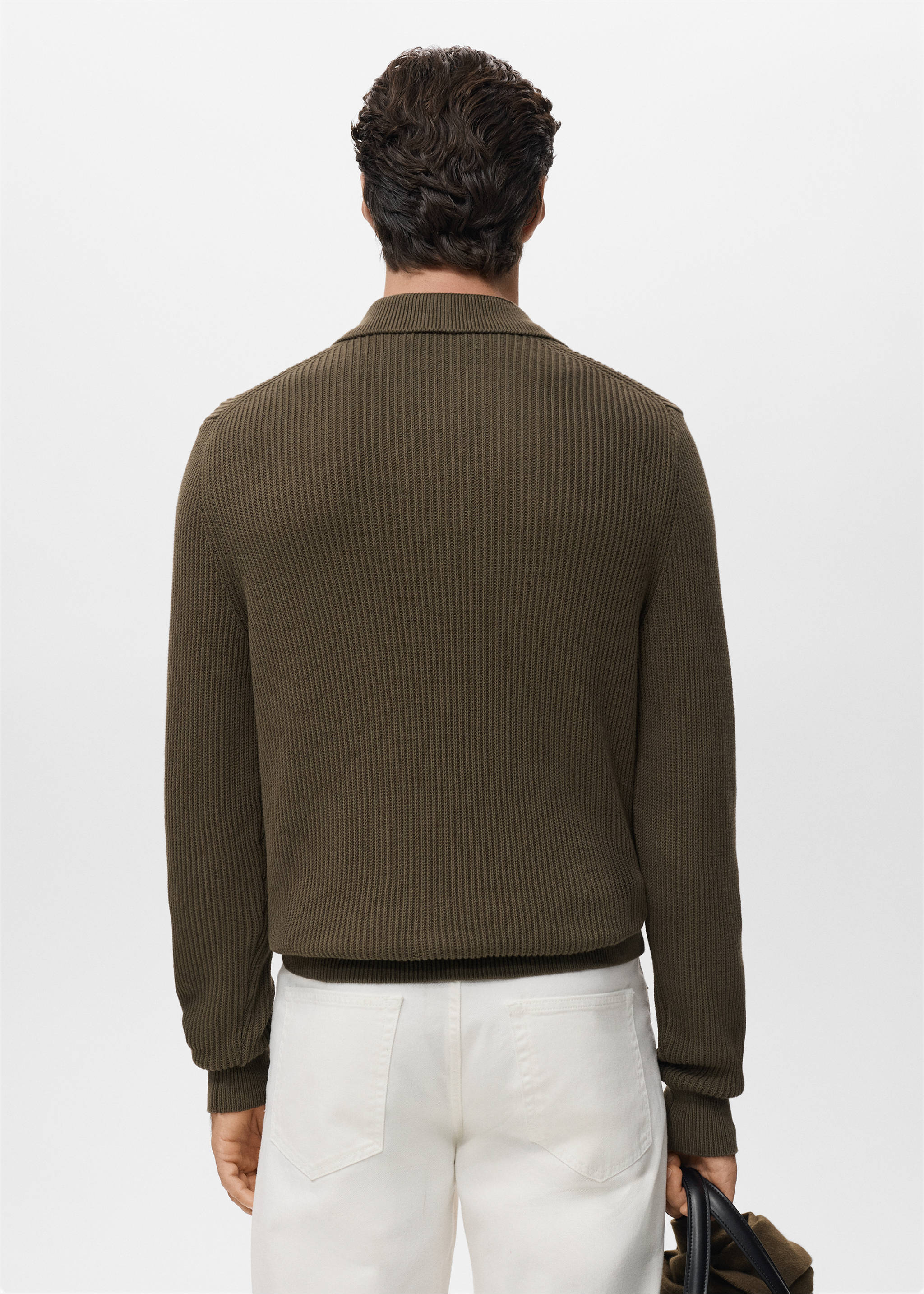 Structured cotton polo sweater - Reverse of the article, Olive Green. Ref: 17075972-00.