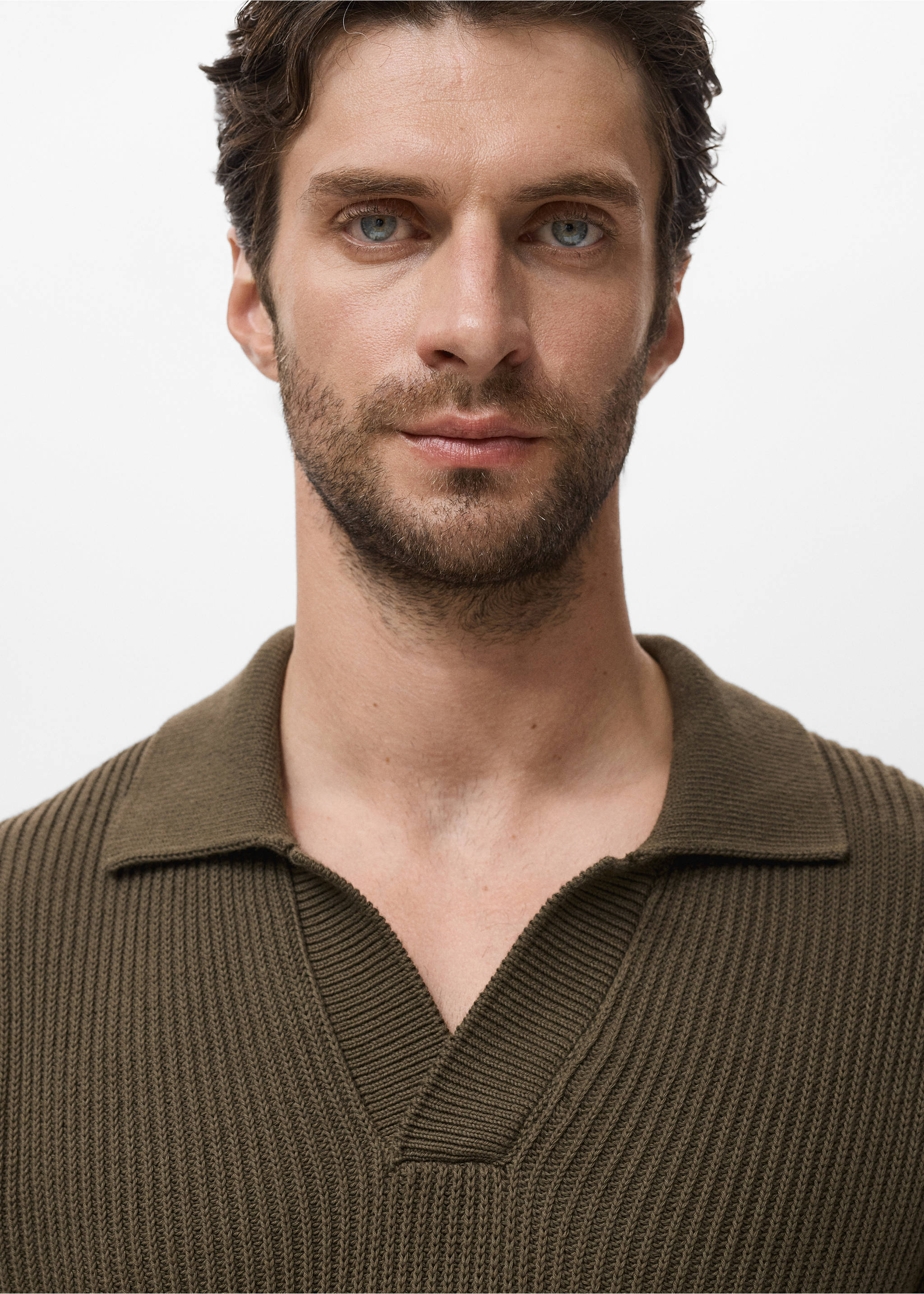 Structured cotton polo sweater - Details of the article 1, Olive Green. Ref: 17075972-00.