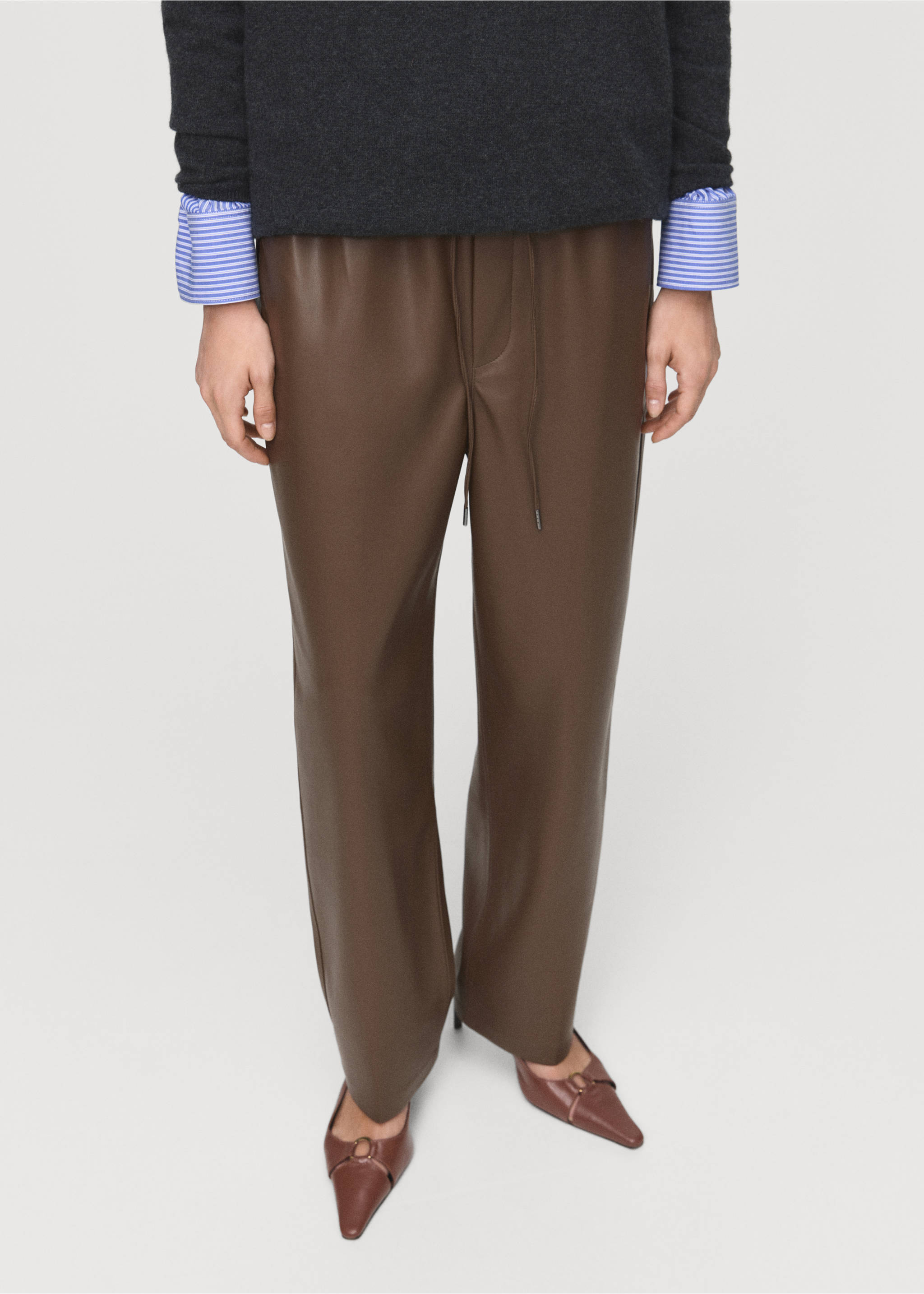 Brown faux-leather trousers with an elasticated drawstring waist., Medium Brown. Ref: 17075974-00.