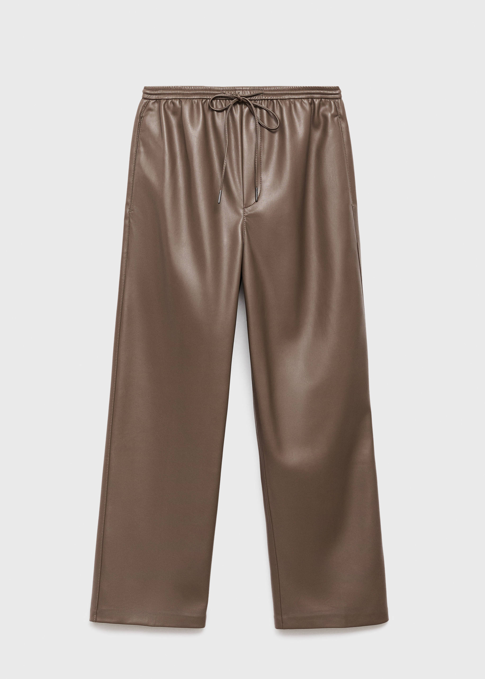 Brown faux-leather trousers with an elasticated drawstring waistband.