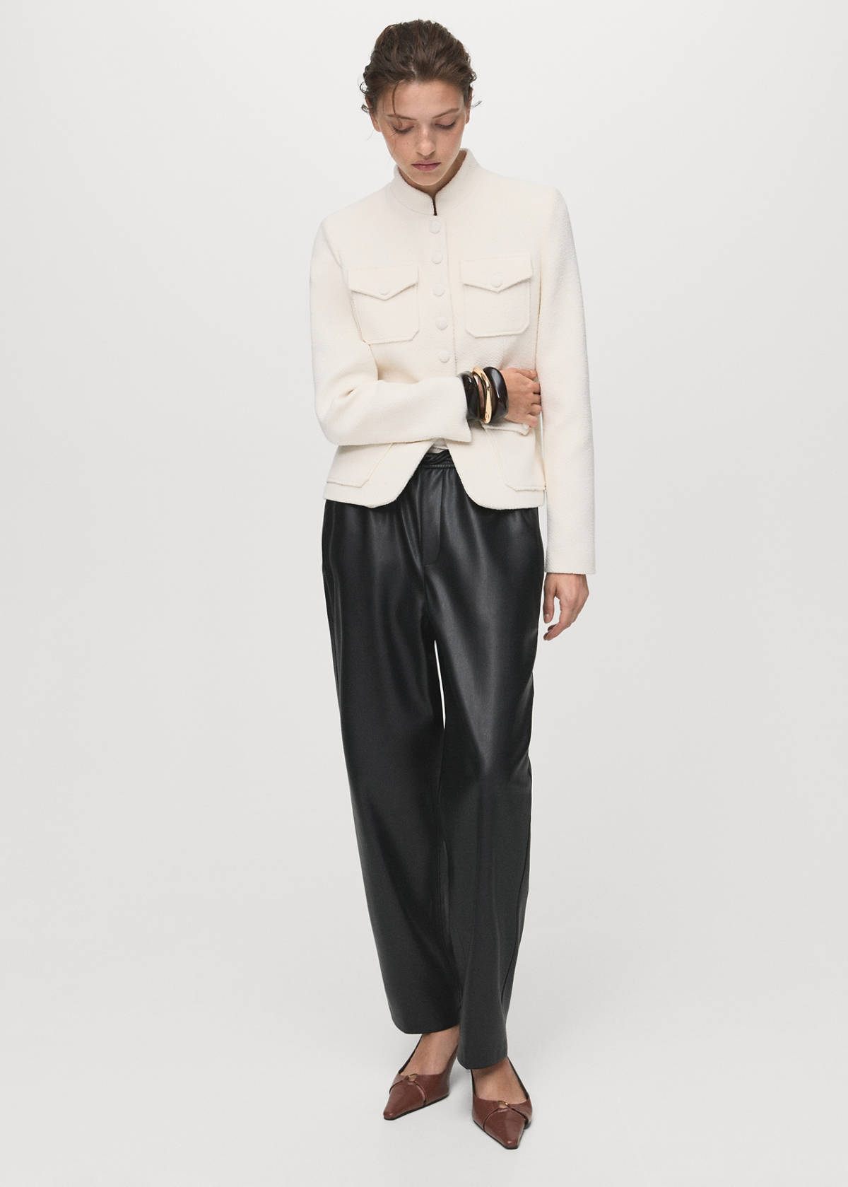 Faux-leather trousers with elastic waist