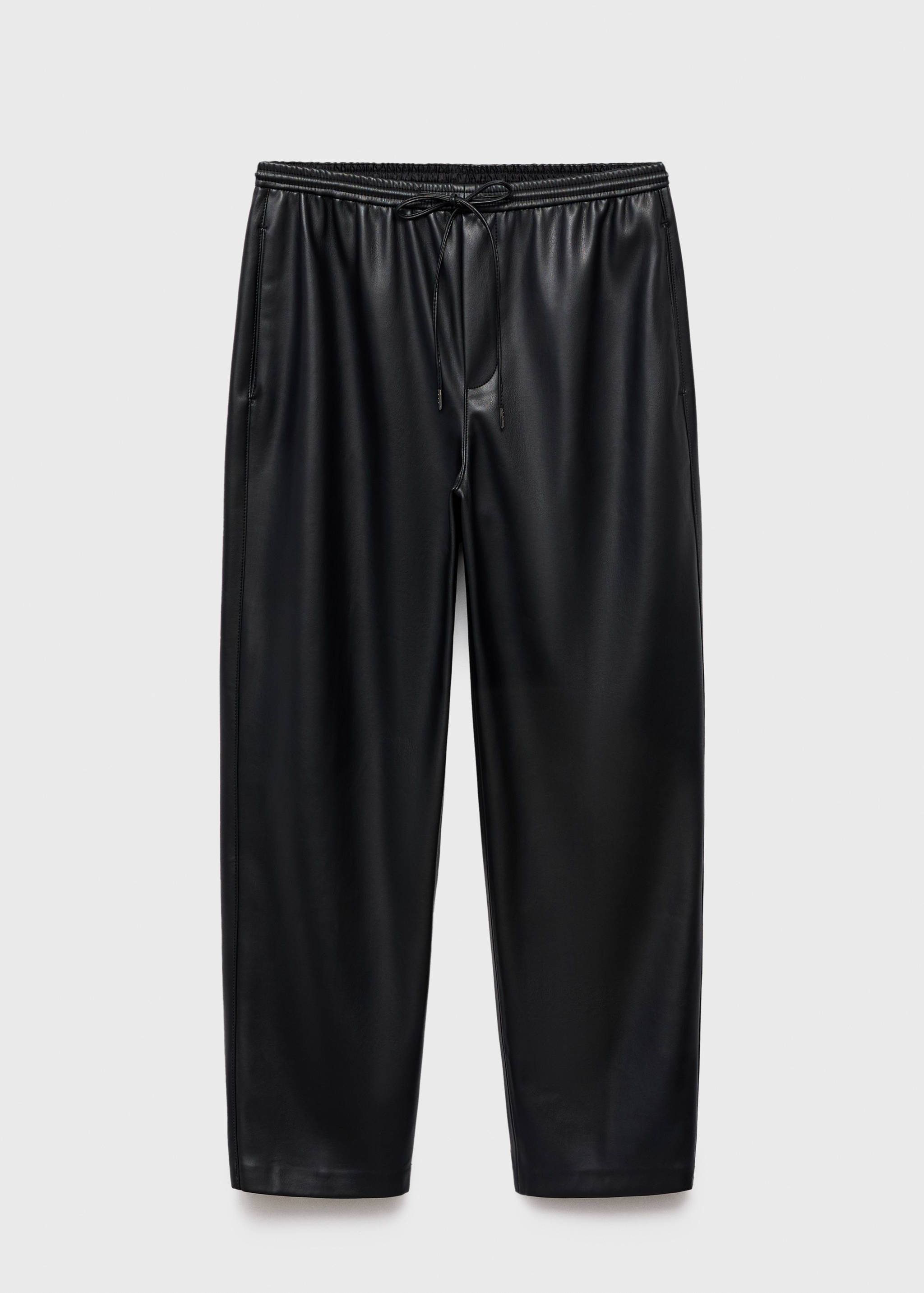Black faux-leather trousers with an elasticated drawstring waistband.