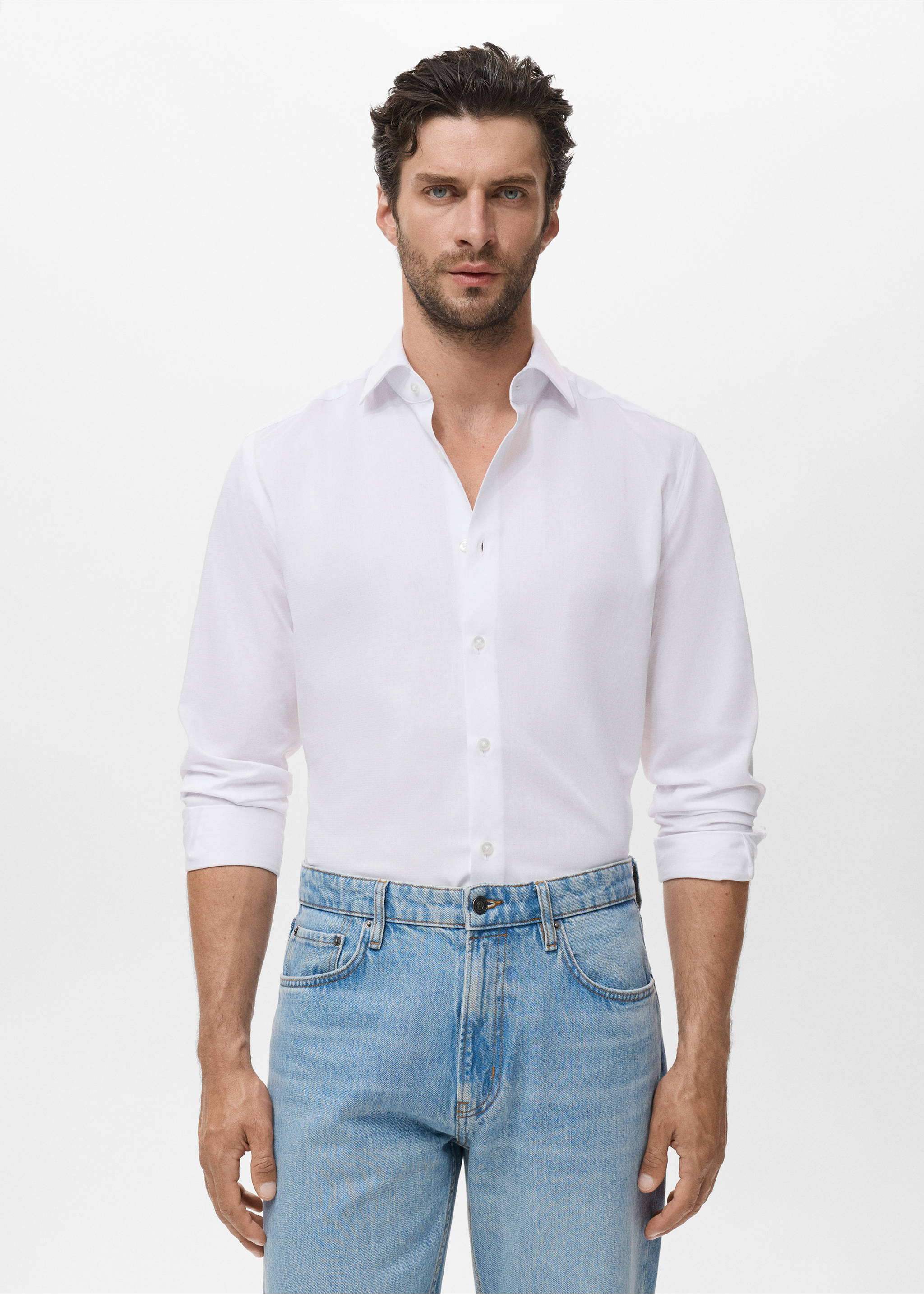 Slim-fit cotton shirt - Medium plane, White. Ref: 17075984-00.