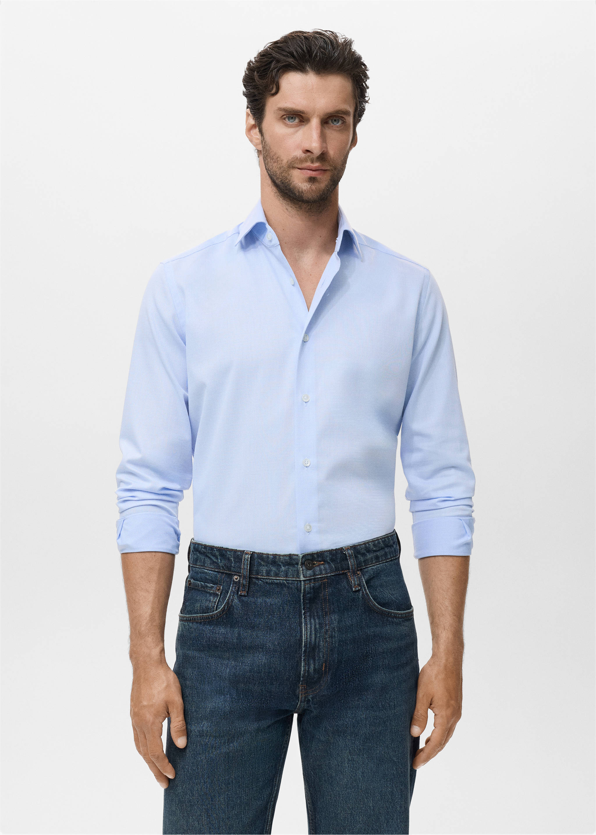 Slim-Fit Baumwollhemd - Mittlere Ansicht, Himmelblau. Ref: 17075984-00.