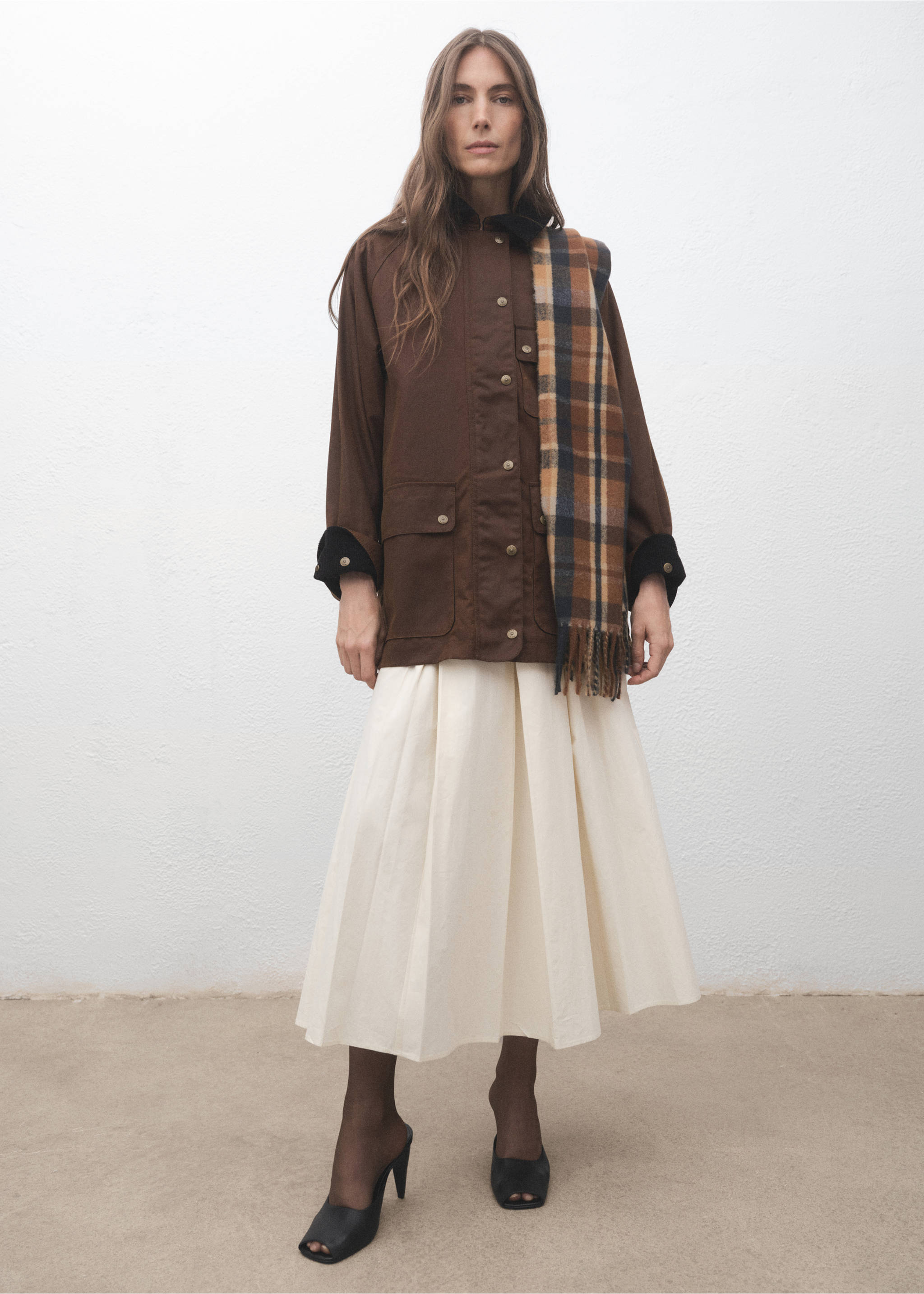 Check scarf with fringed ends - General plane, Brown. Ref: 17075988-00.