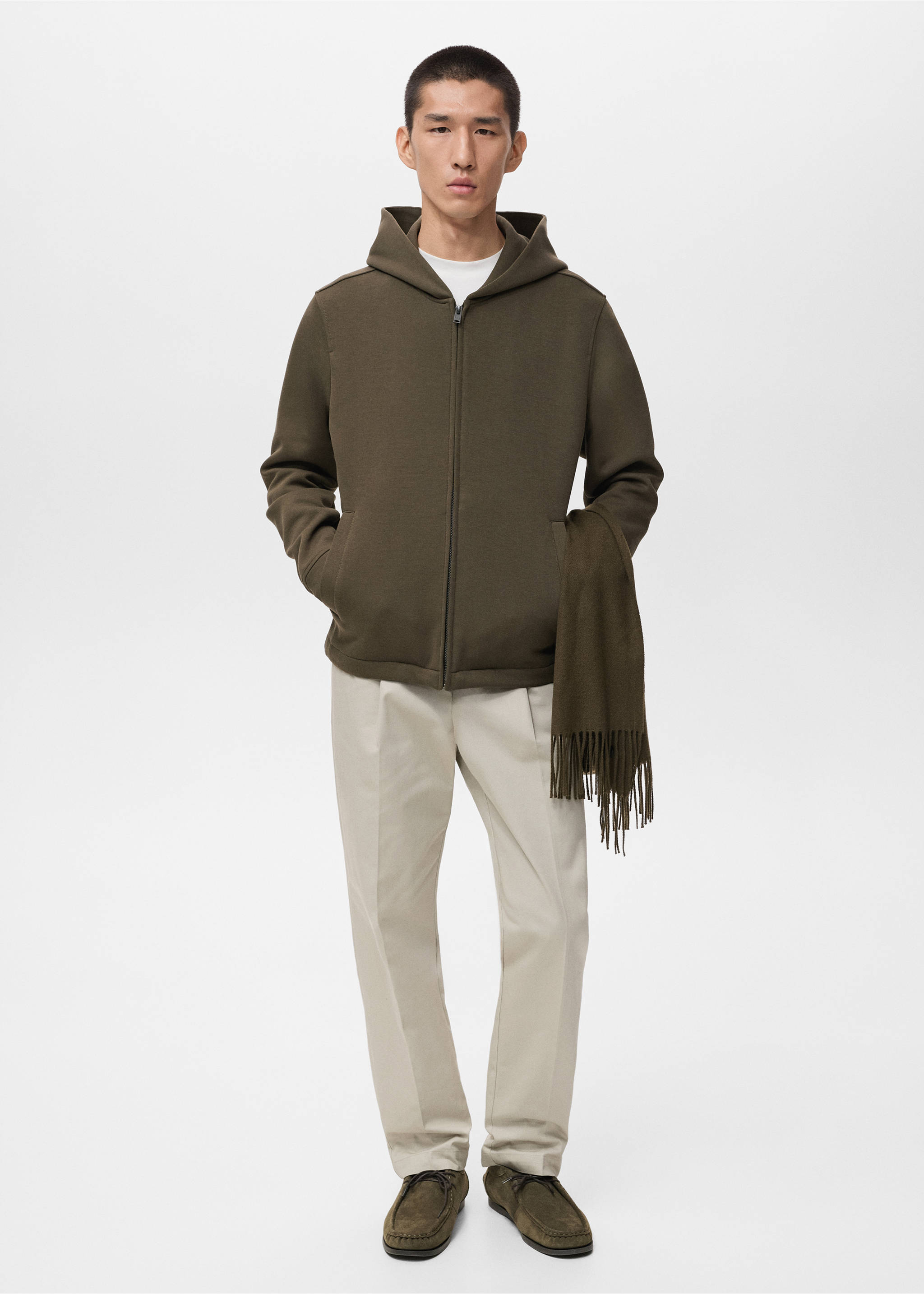 Olive green hooded zip-up sweatshirt worn with cream trousers and scarf., Olive Green. Ref: 17075998-00.