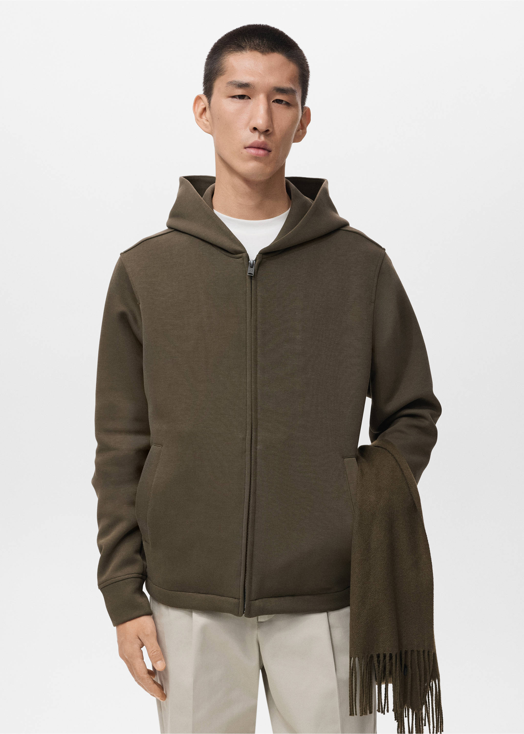 Dark khaki green zipped hoodie with a hood and side pockets., Olive Green. Ref: 17075998-00.