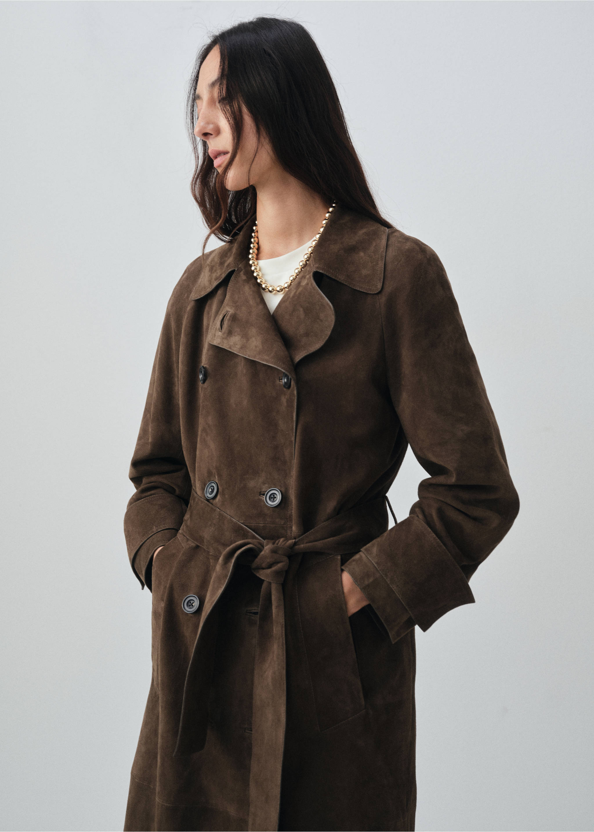 100% suede double-breasted trench coat - Medium plane, Khaki. Ref: 17076344-00.