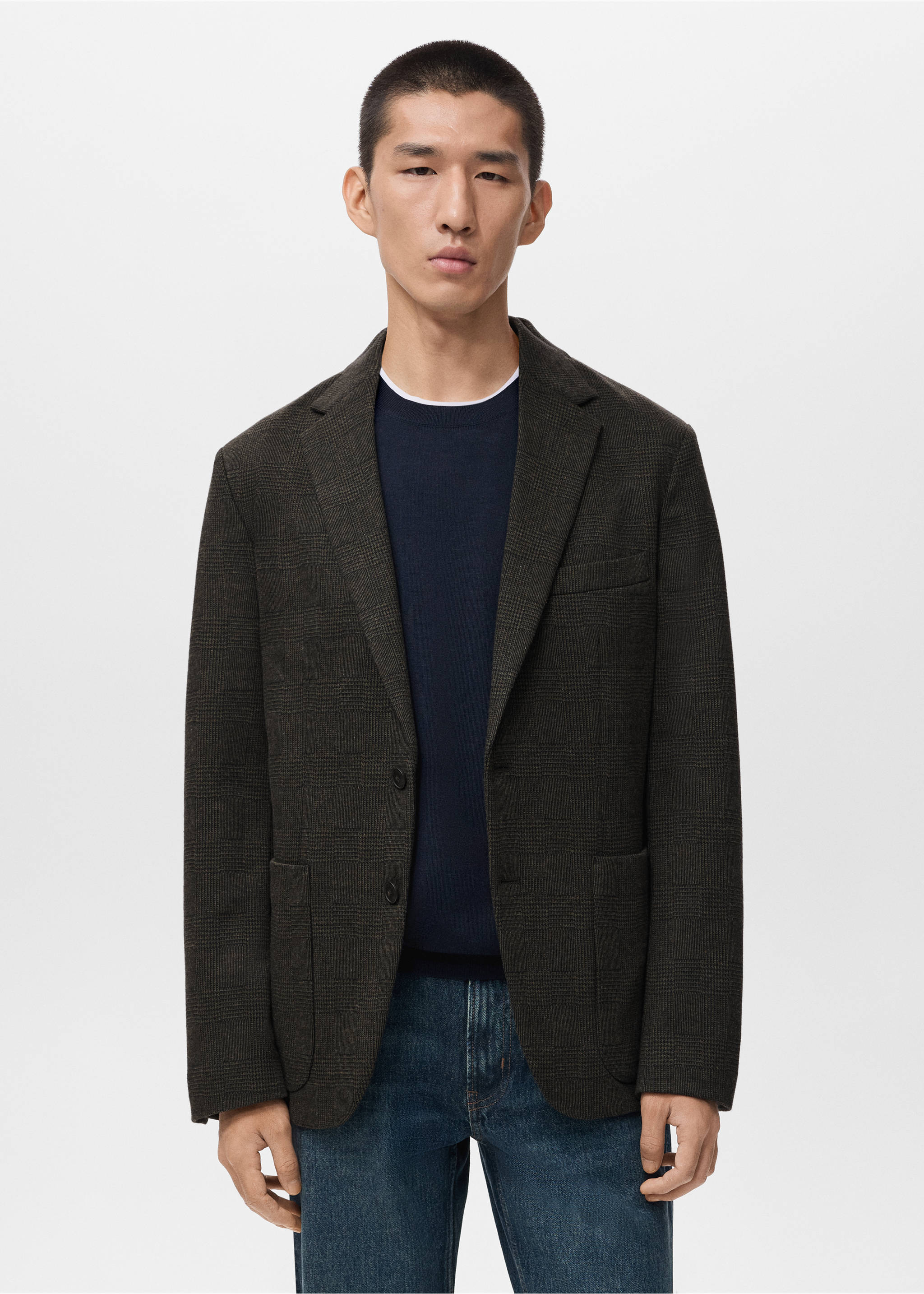 Slim-fit micro-check jacket - Medium plane, Khaki. Ref: 17076736-00.