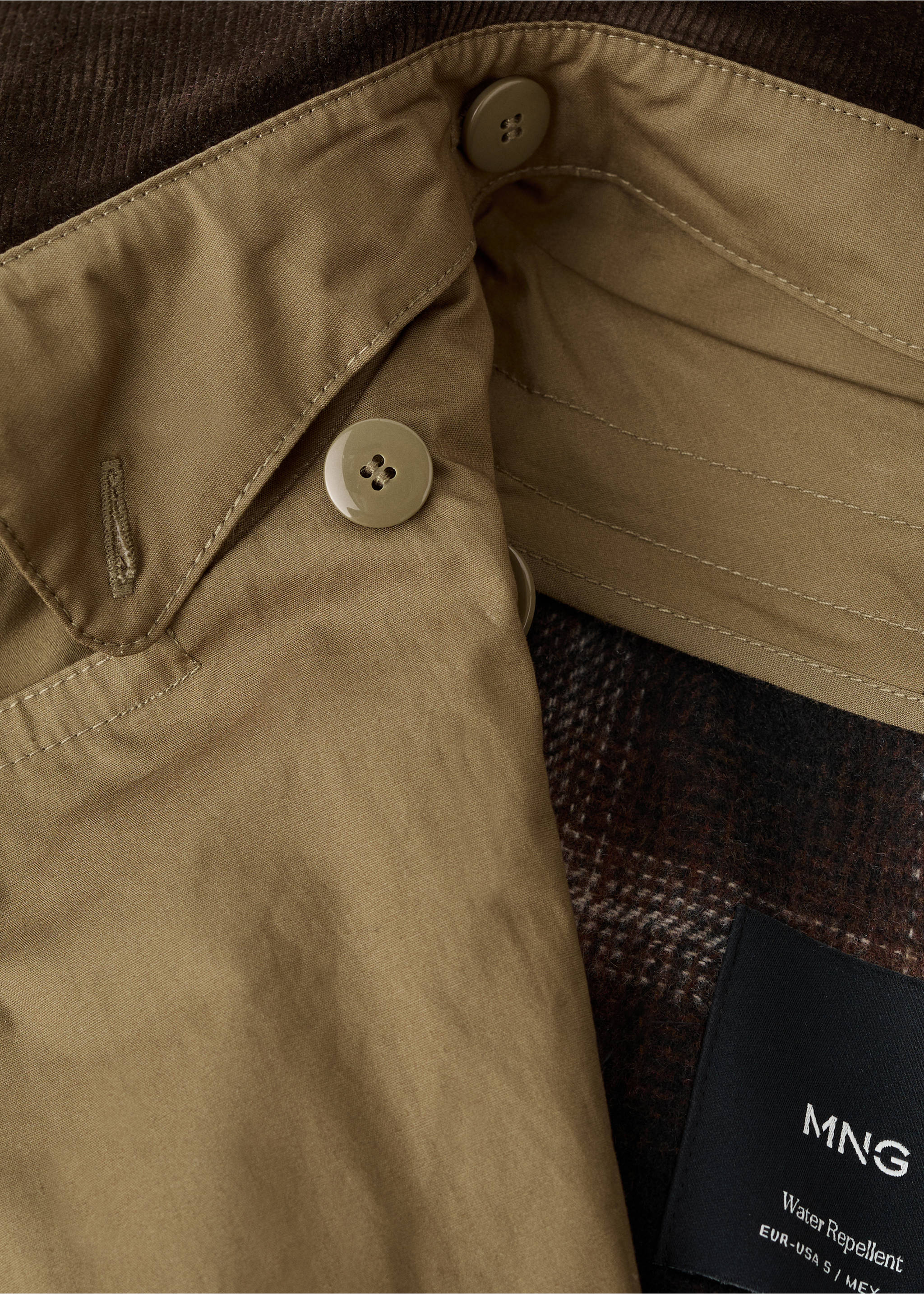 Double-breasted trench coat with corduroy collar - Details of the article 0, Khaki. Ref: 17077125-00.