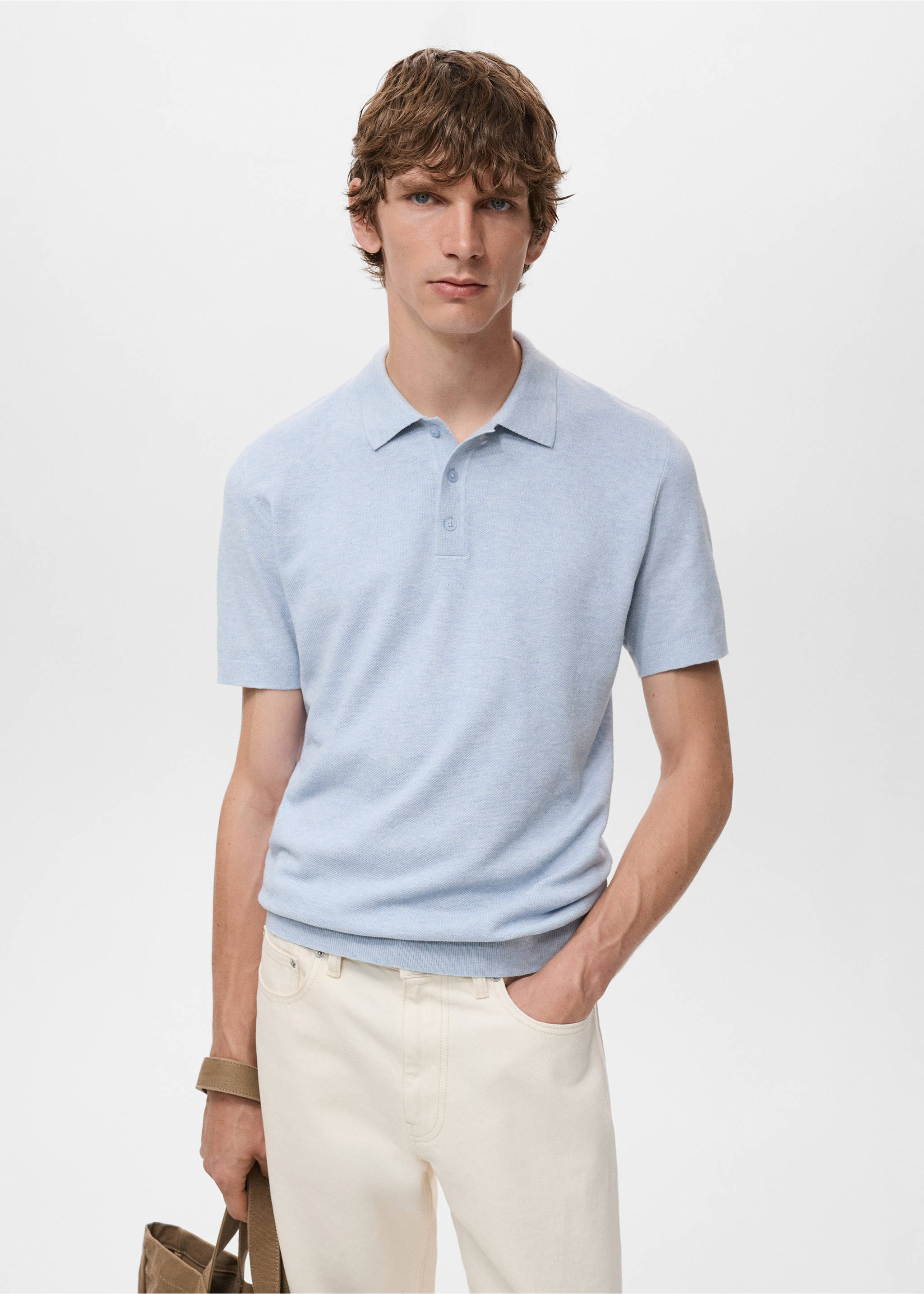 Structured knitted slim-fit polo shirt - Medium plane, Aqua Green. Ref: 17077761-00.