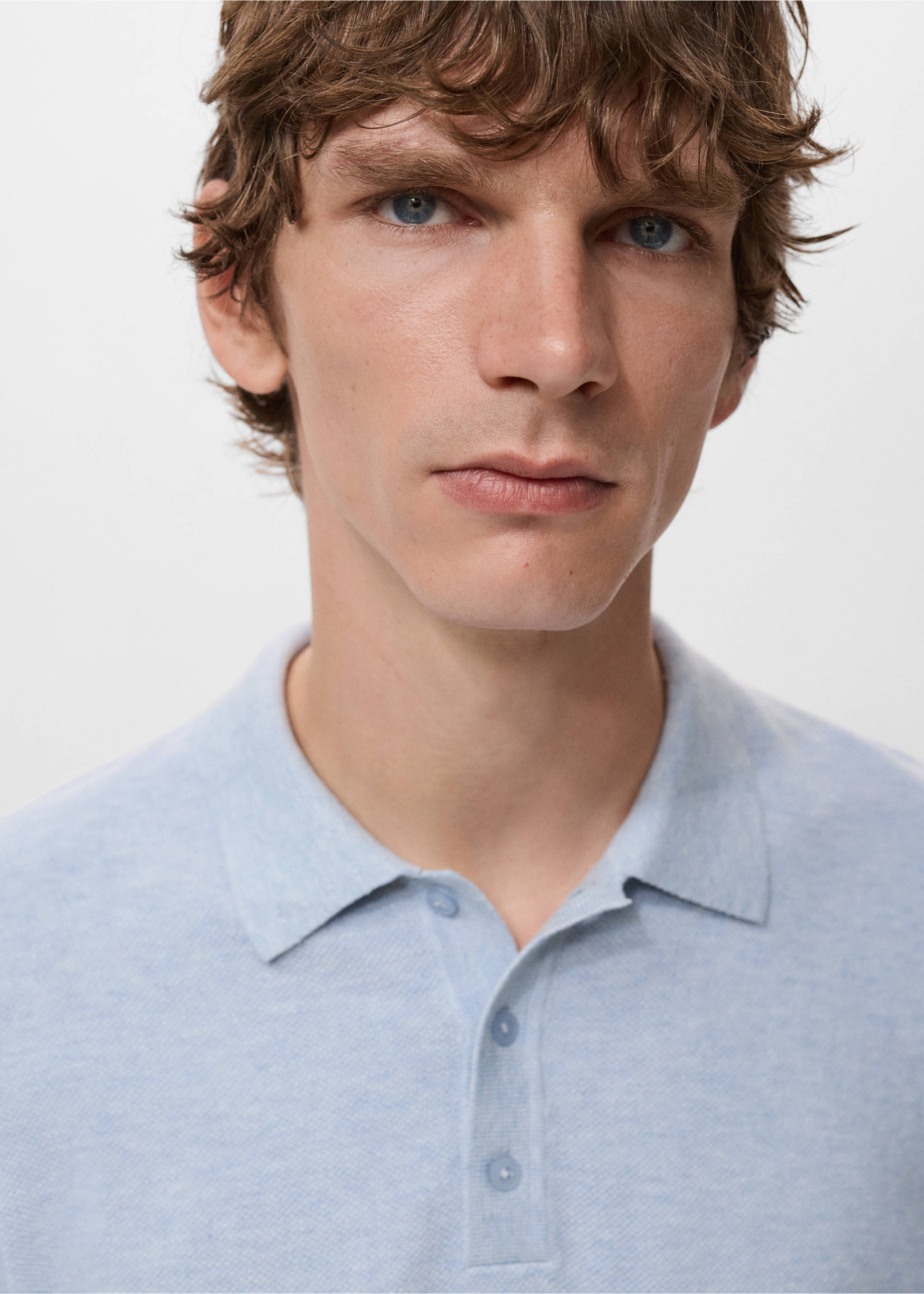 Structured knitted slim-fit polo shirt - Details of the article 1, Aqua Green. Ref: 17077761-00.