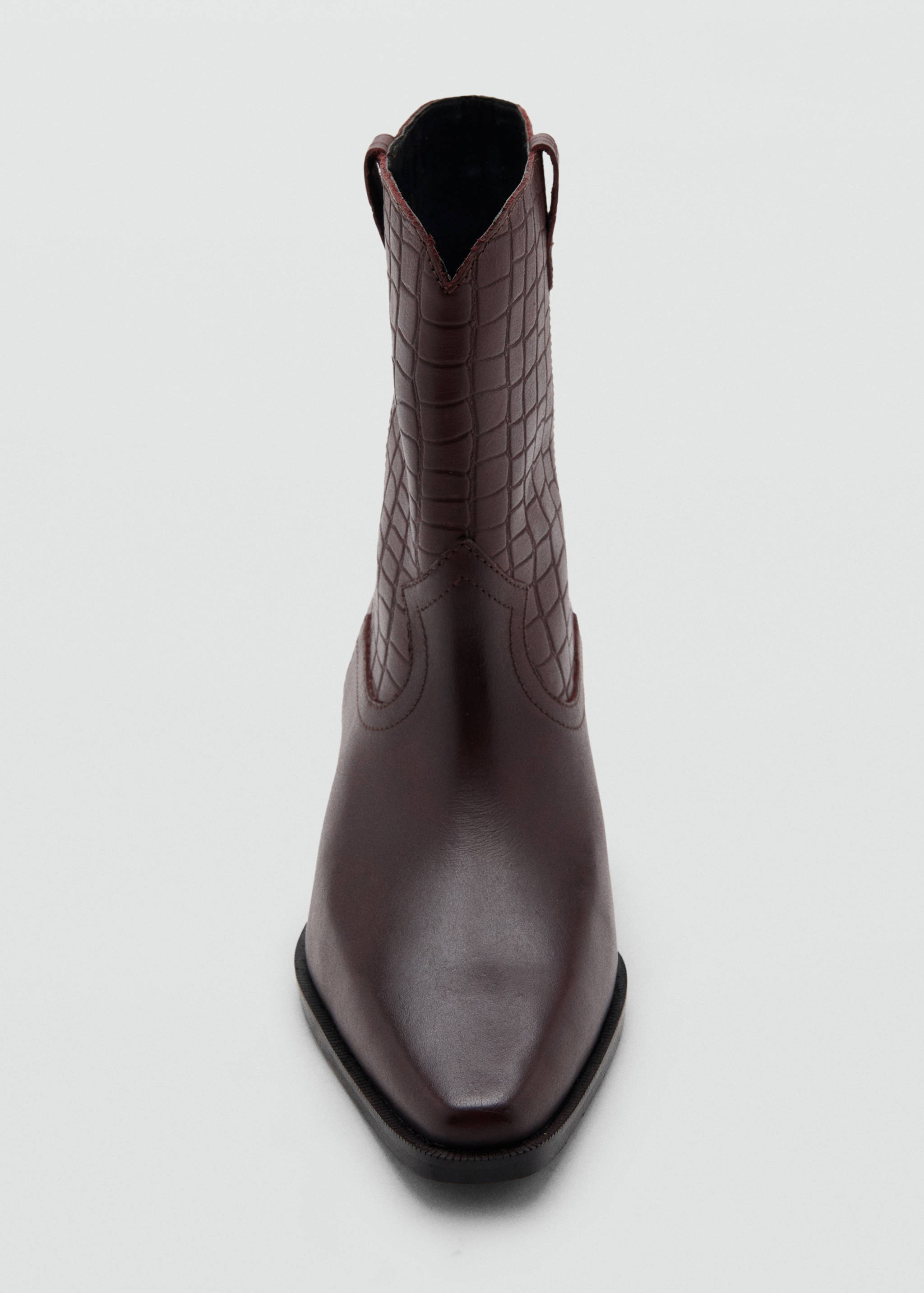 Burgundy ankle boot with embossed croc-skin shaft and pointed toe.