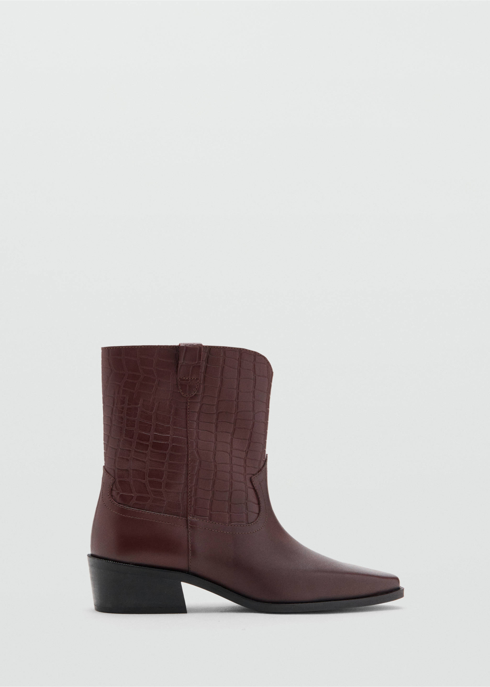 Burgundy ankle boot with a square toe and embossed faux-crocodile shaft., Burgundy. Ref: 17078271-00.