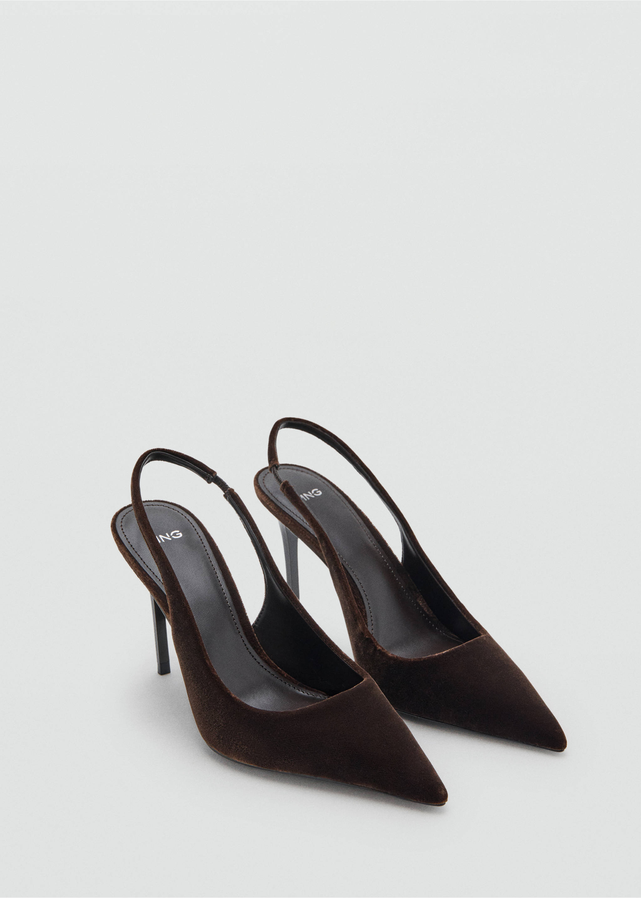 Dark brown velvet slingback shoes with pointed toes and stiletto heels., Chocolate. Ref: 17078636-00.
