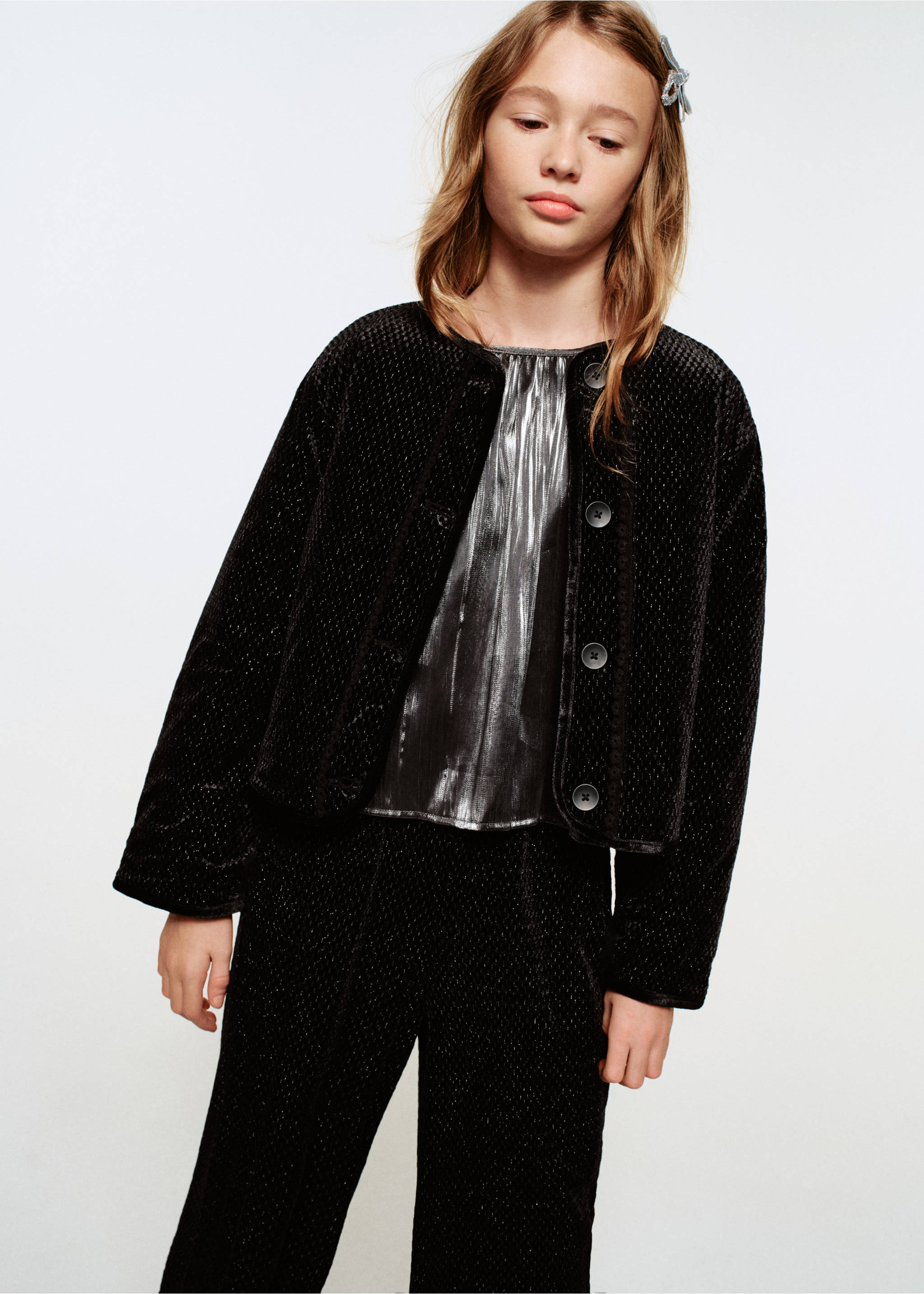 Lurex-Jacke mit Knöpfen - Mittlere Ansicht, Schwarz. Ref: 17079098-00.