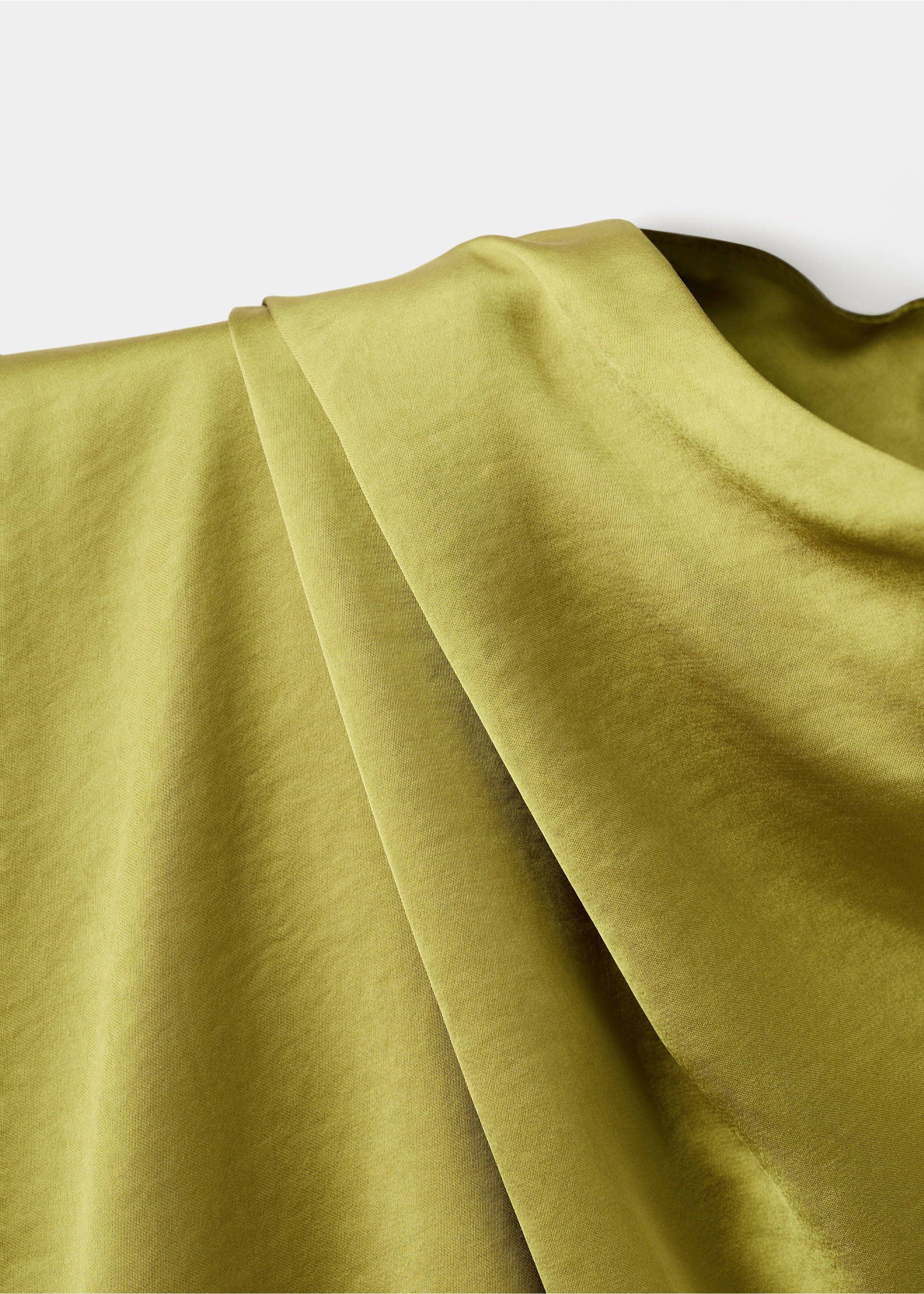 Close-up of chartreuse green satin blouse detail., Yellow. Ref: 17079104-00.