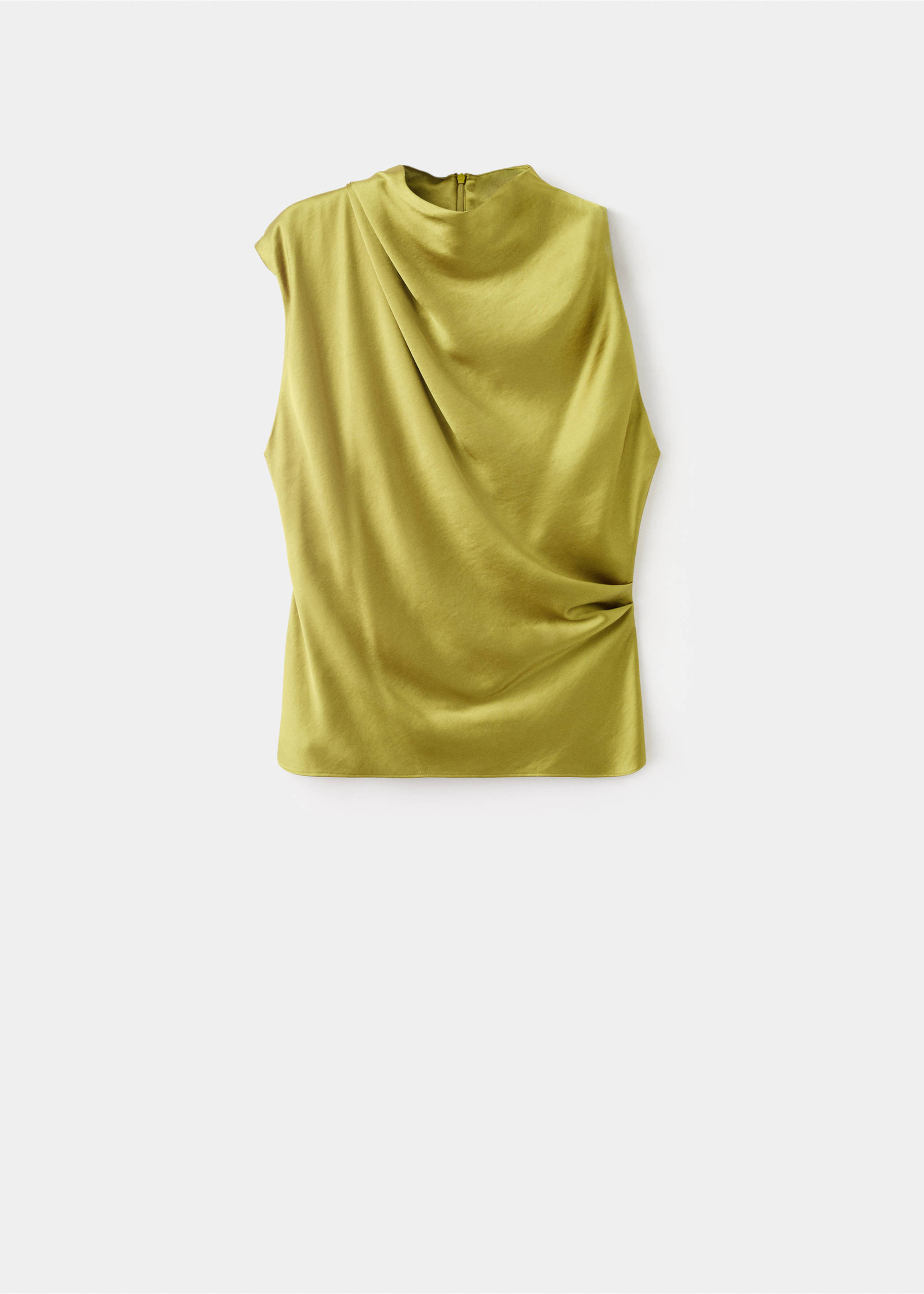 Chartreuse green sleeveless blouse with a draped high neckline and gathered side detail., Yellow. Ref: 17079104-00.