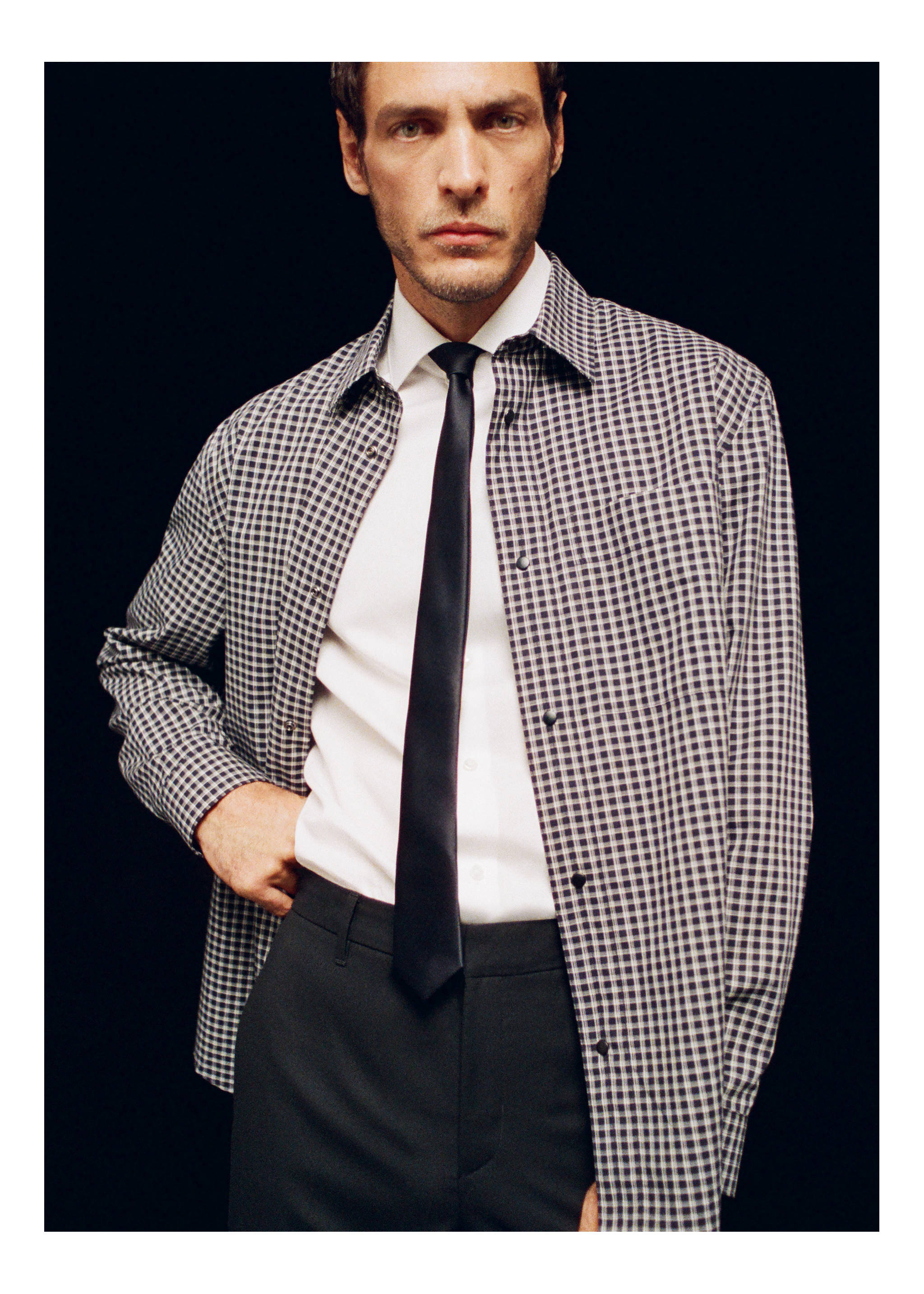 Black-and-white checkered shirt worn over a white shirt and tie., Black. Ref: 17079207-00.