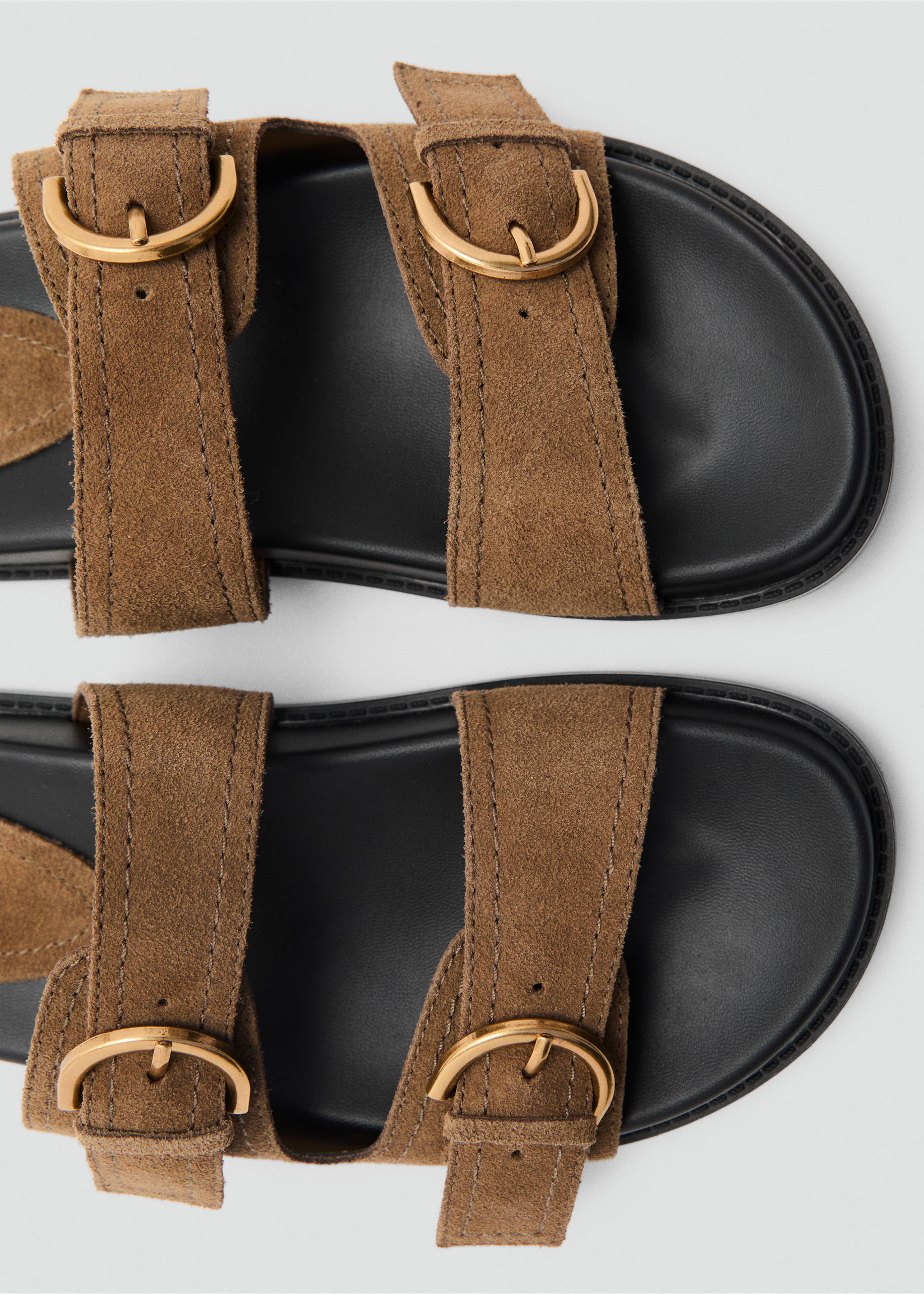 Flat leather sandals with buckles - Details of the article 1, Khaki. Ref: 17081119-00.