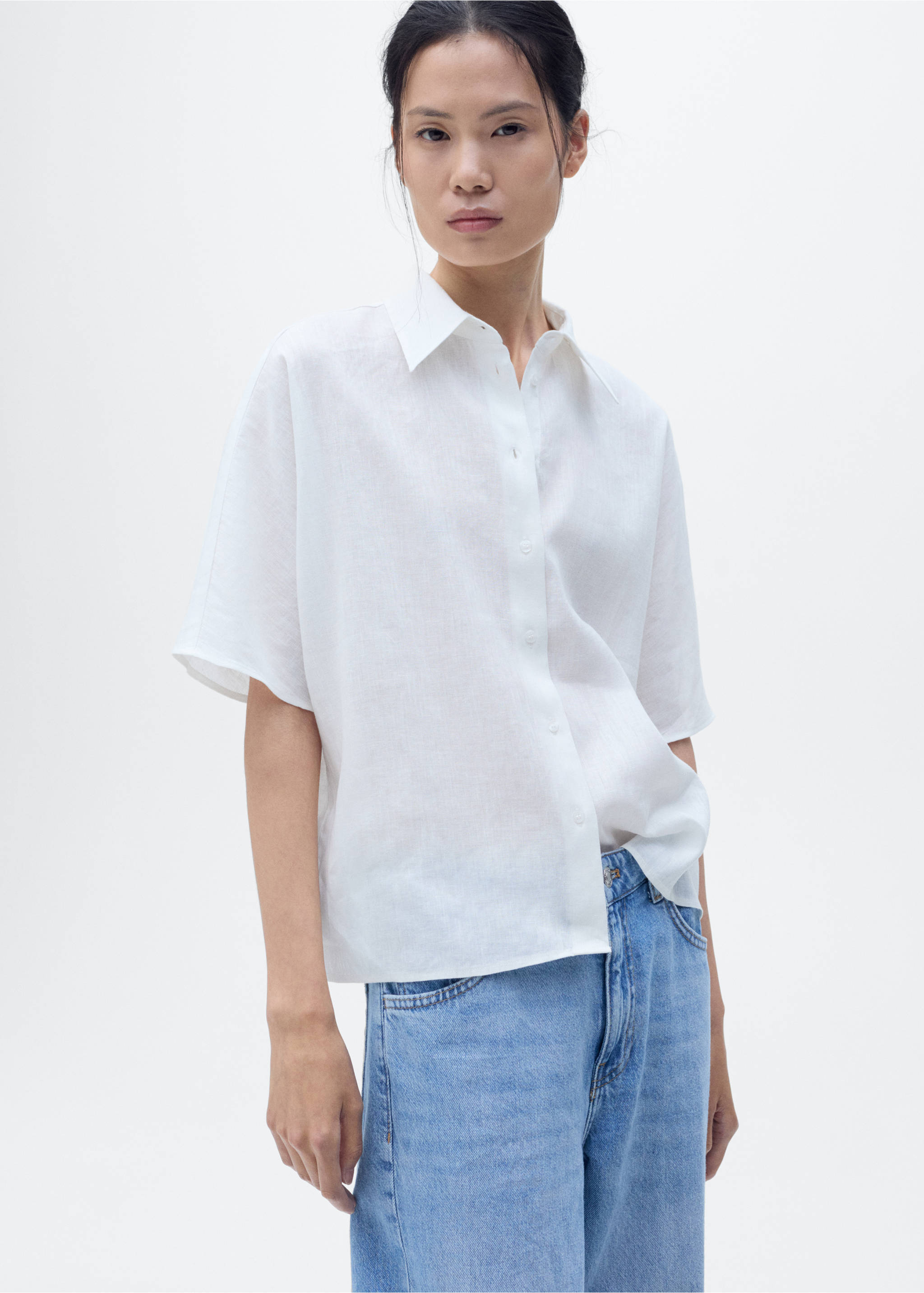 Short sleeve linen-blend shirt - Medium plane, Off White. Ref: 17081133-00.