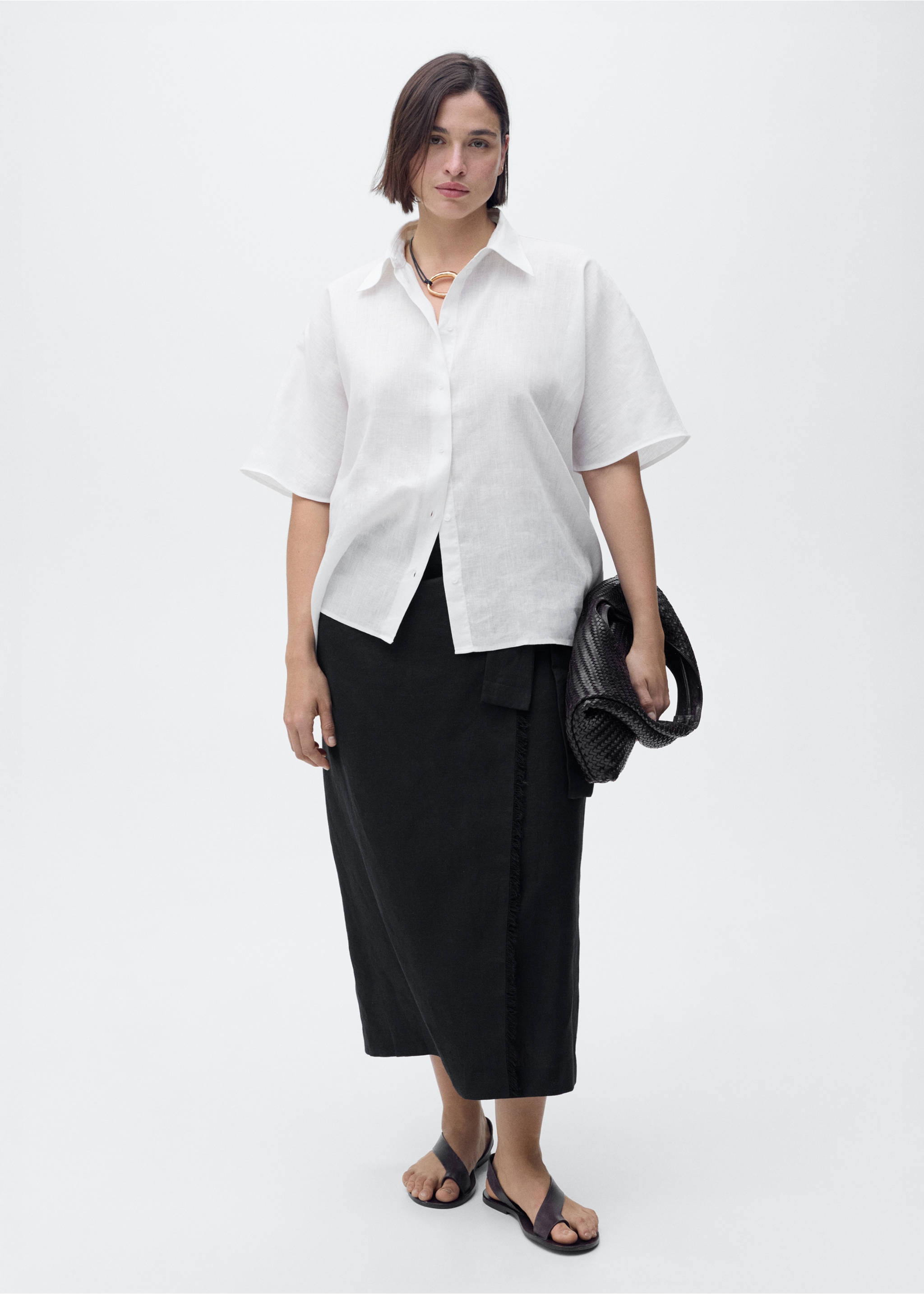 Short sleeve linen-blend shirt - Details of the article 3, Off White. Ref: 17081133-00.