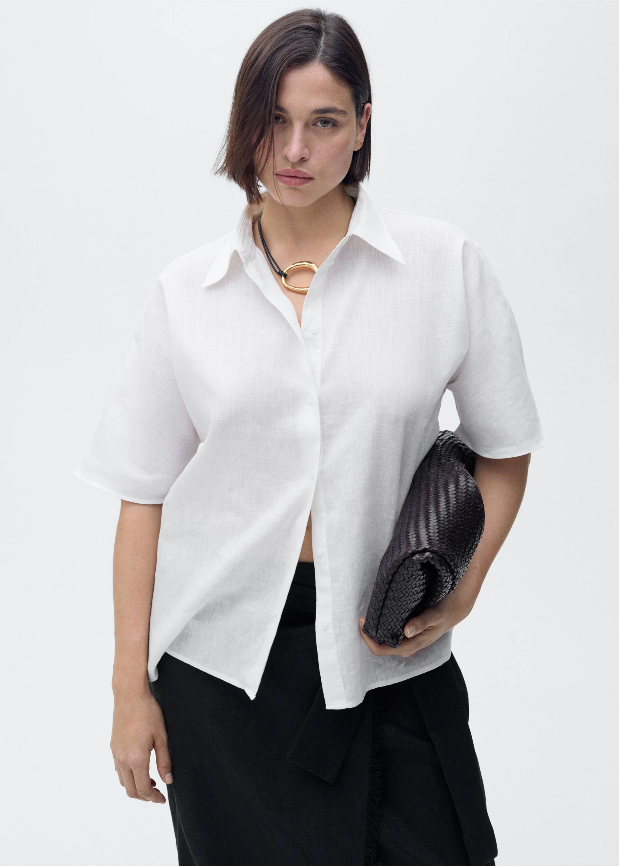 Short sleeve linen-blend shirt - Details of the article 5, Off White. Ref: 17081133-00.