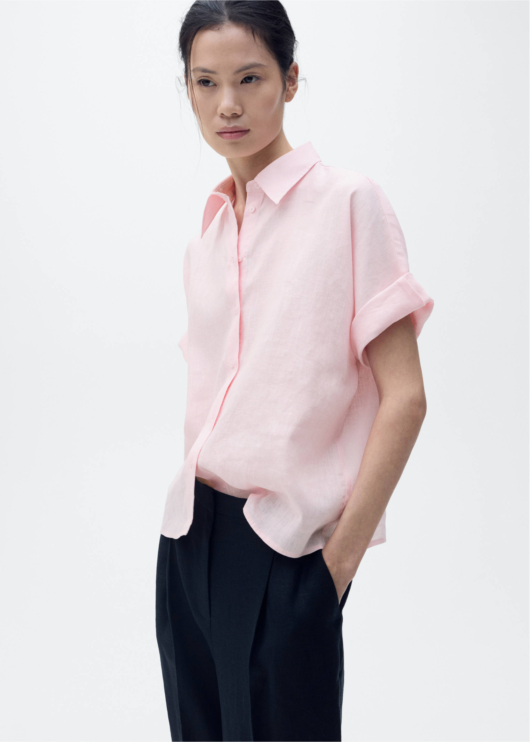 Short sleeve linen-blend shirt - Medium plane, Light Pink. Ref: 17081133-00.
