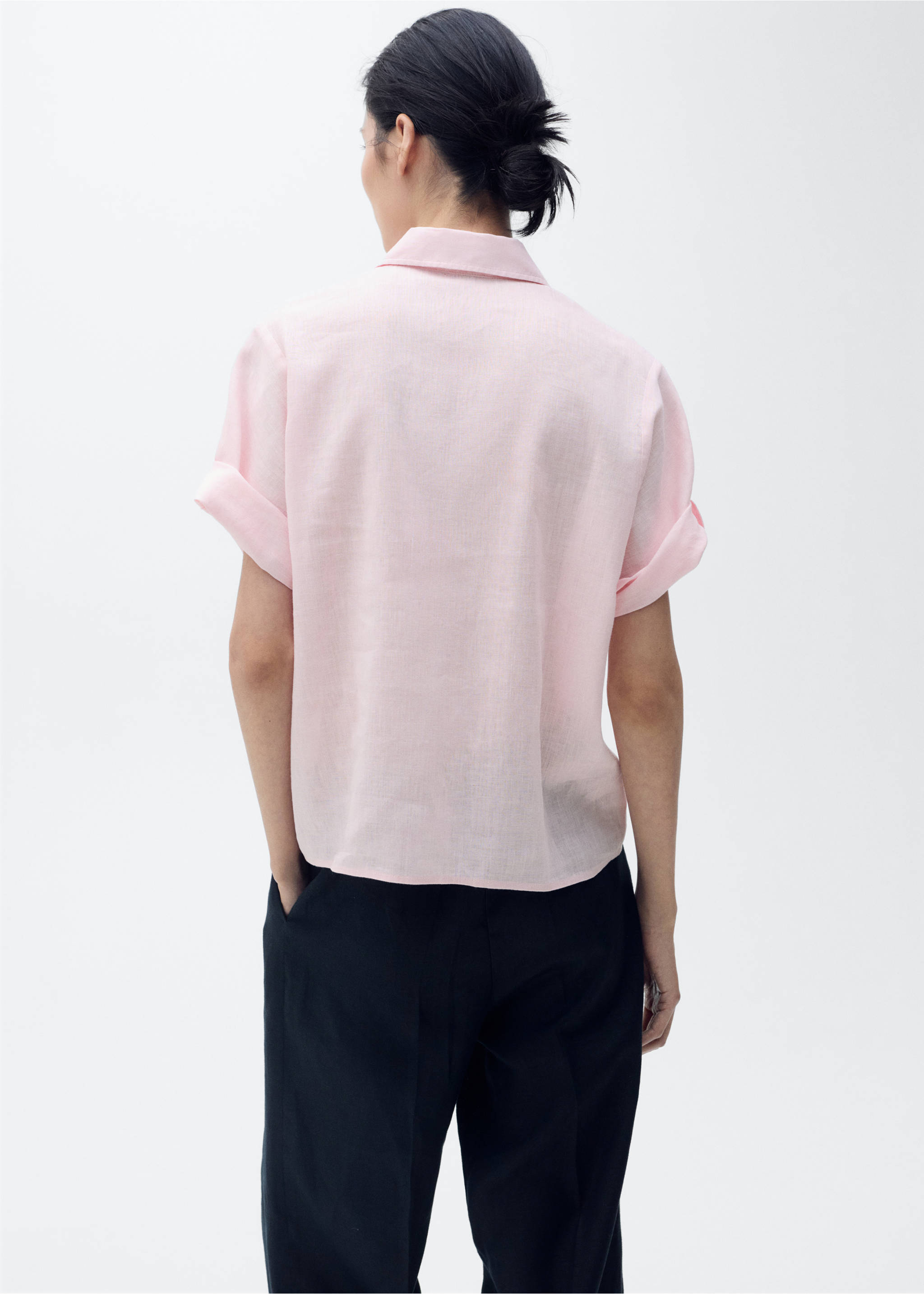 Short sleeve linen-blend shirt - Reverse of the article, Light Pink. Ref: 17081133-00.