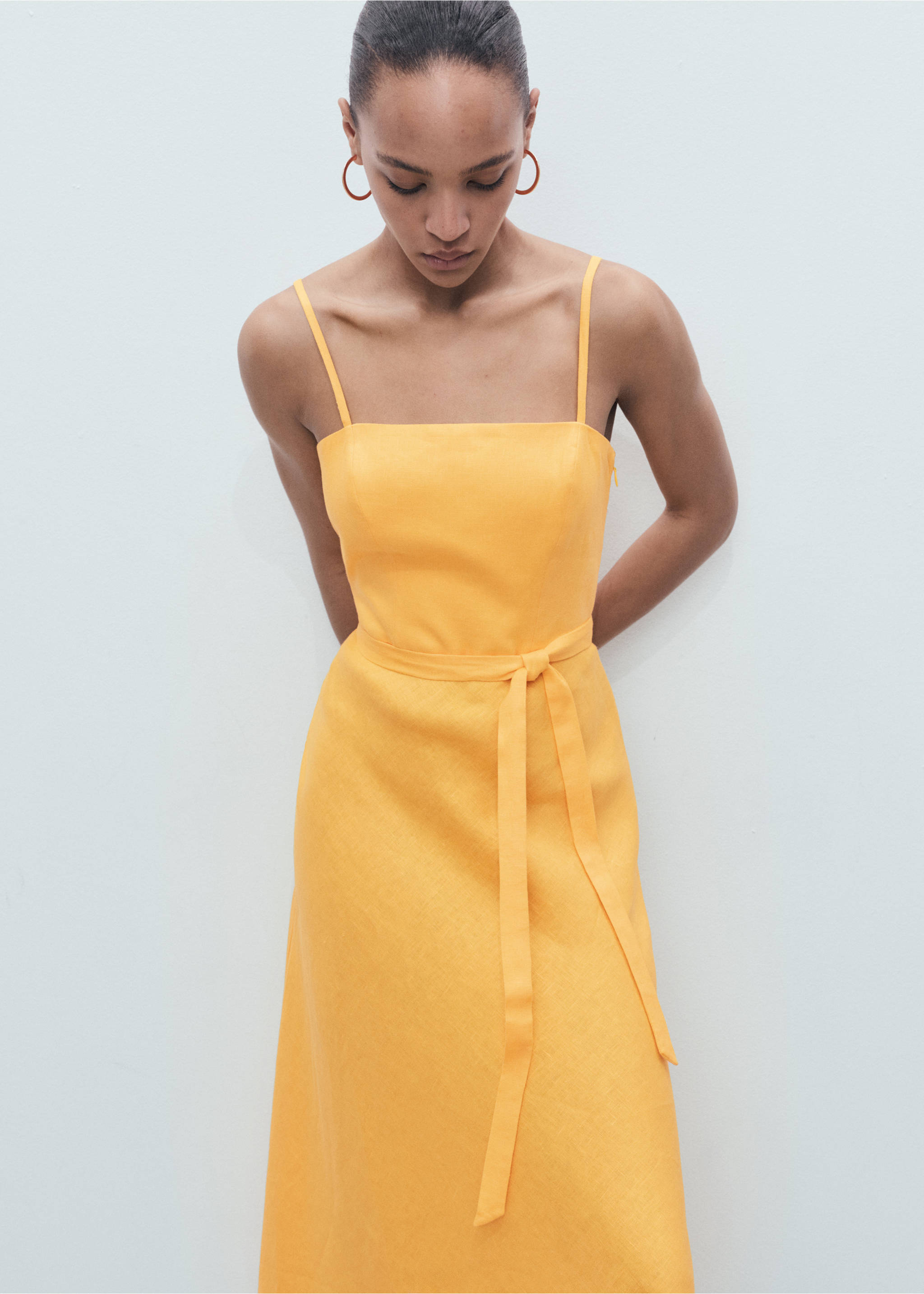 Bow linen-blend dress - Medium plane, Orange. Ref: 17081135-00.