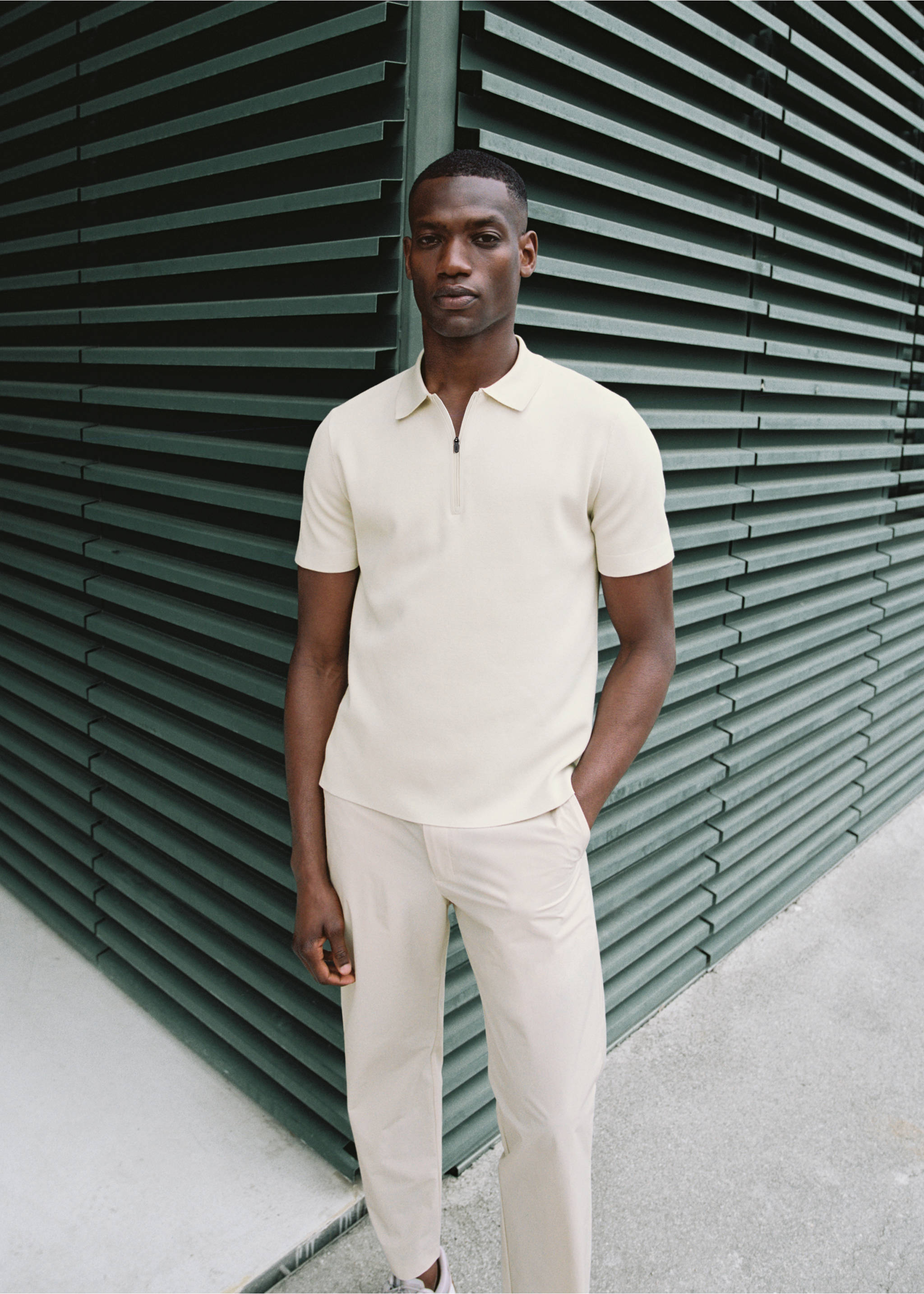 COOLMAX® fine-knit polo shirt with zip - Details of the article 3, Beige. Ref: 17081149-00.
