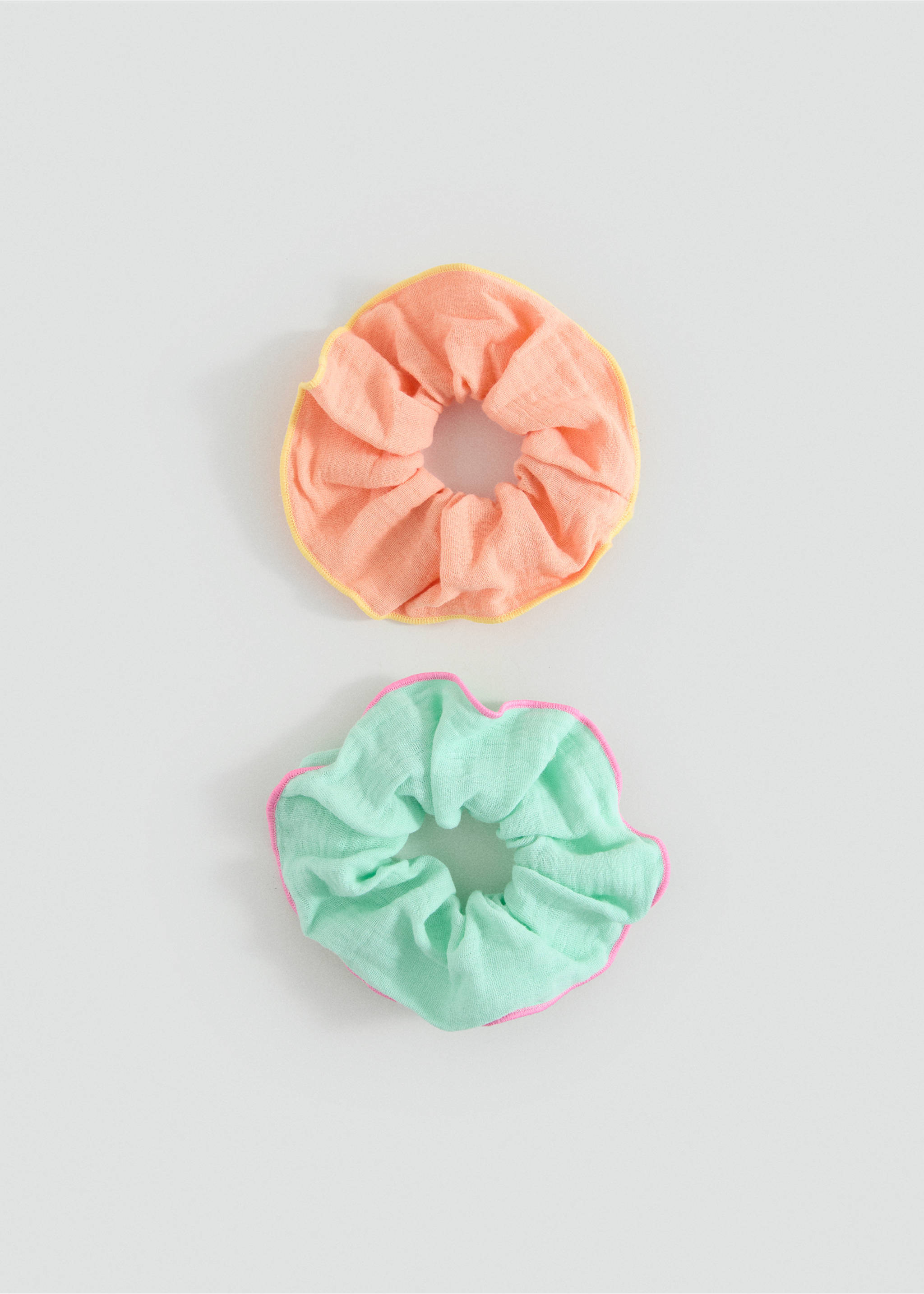 Set of two textured hair scrunchies in peach and mint green with contrast lettuce edges., Aqua Green. Ref: 17081158-00.