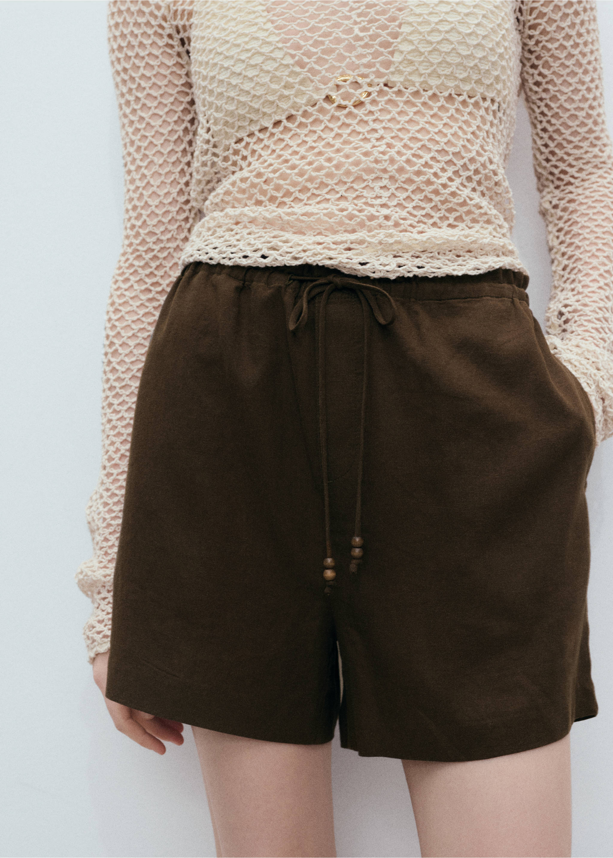 Gerade Leinenshorts mit Kordelzug - Mittlere Ansicht, Khaki. Ref: 17081171-00.