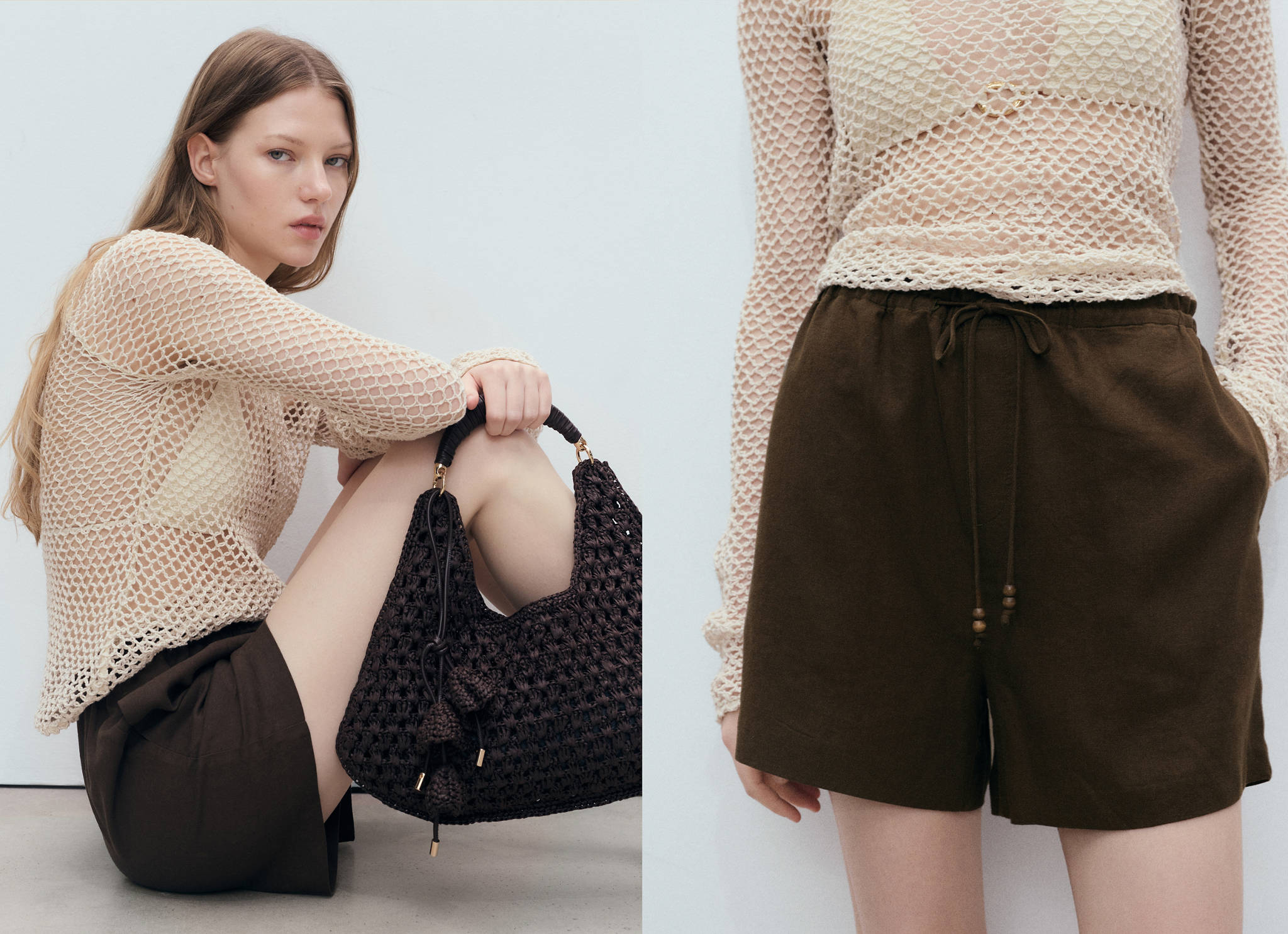 Straight-fit linen shorts with drawstring - Panoramic plane