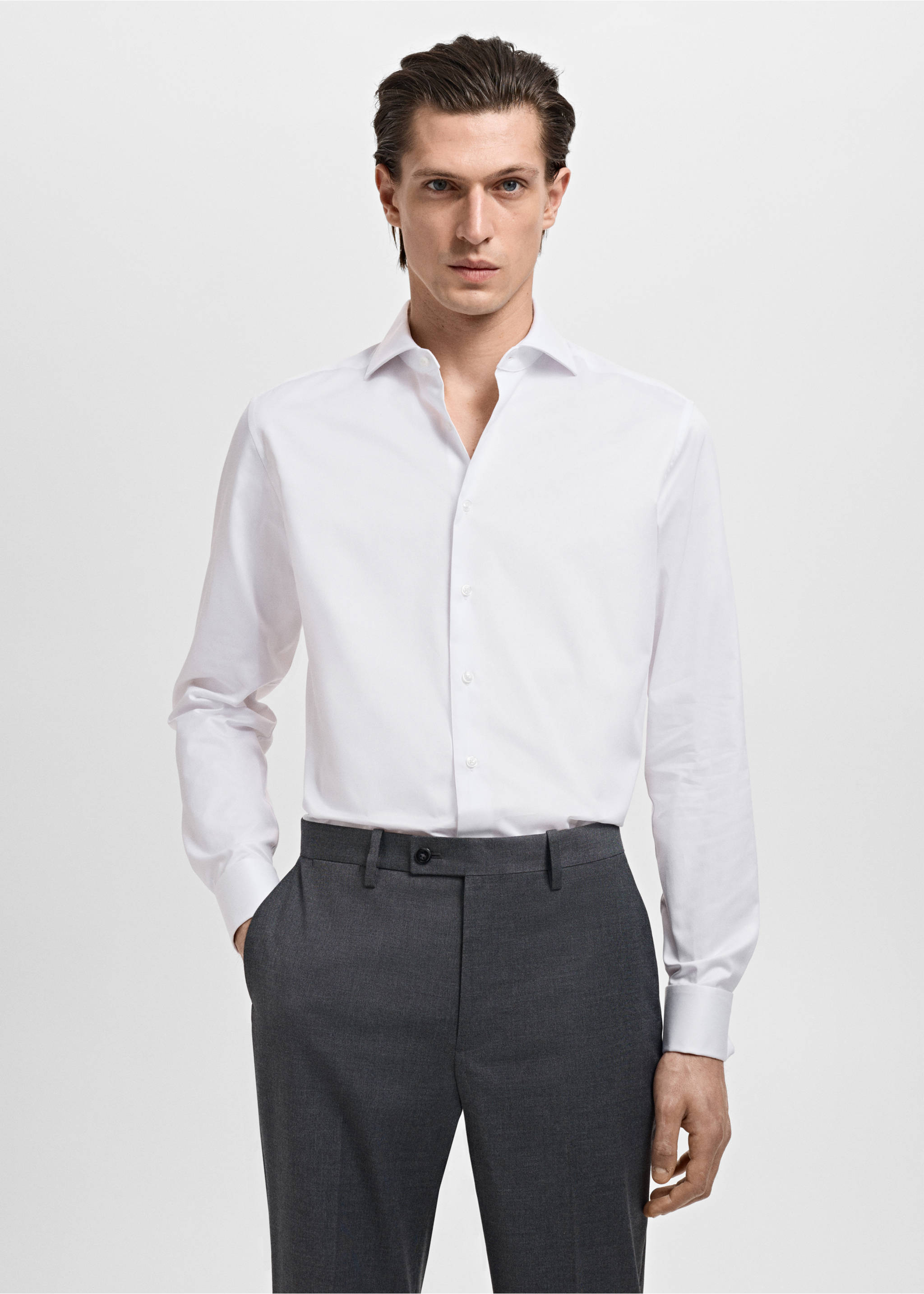 Camisa botó de punys vestit slim fit teixit twill - Pla mig, Blanc. Ref: 17081175-00.