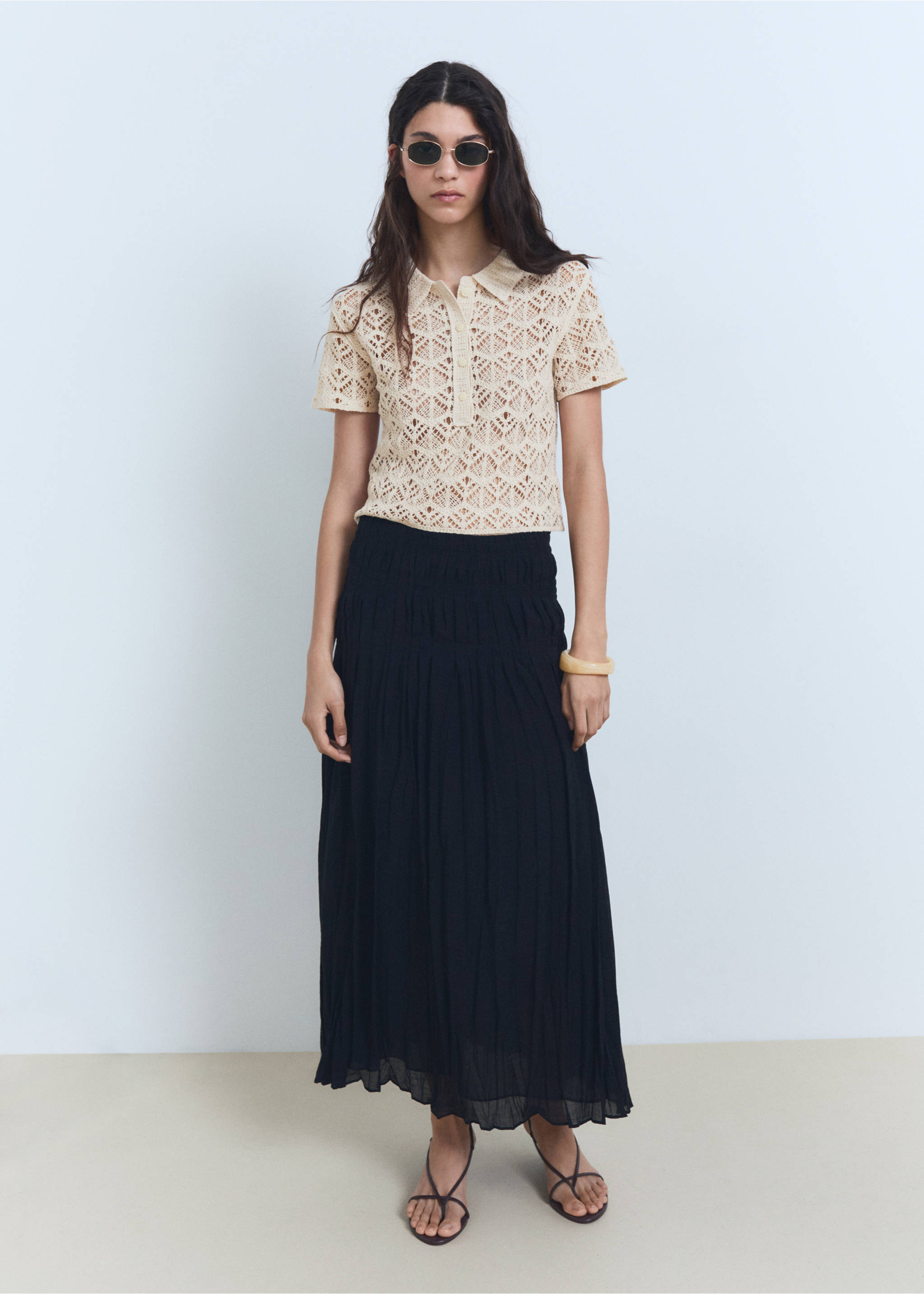 Short-sleeved crochet sweater - General plane, Ecru. Ref: 17081180-00.