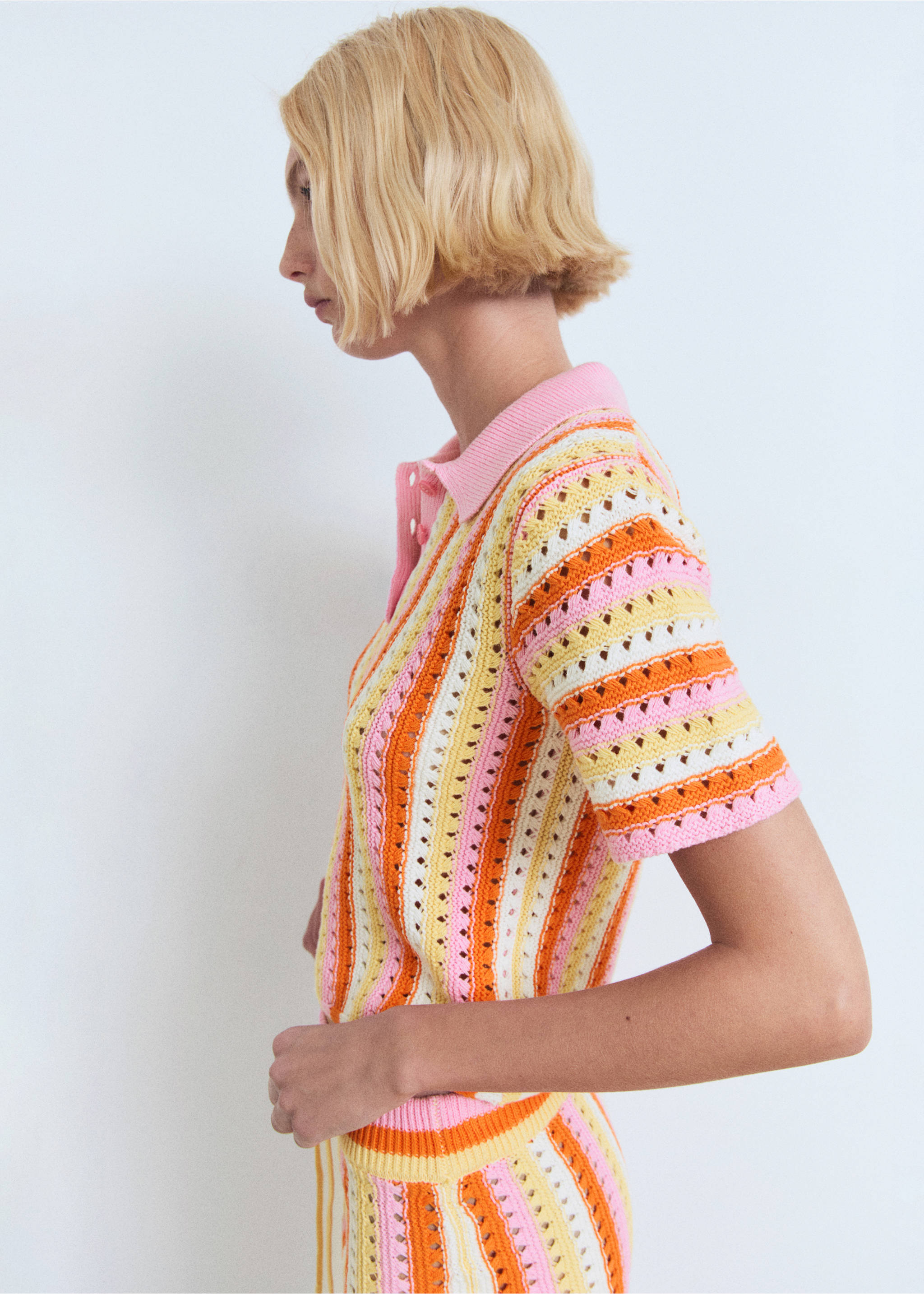Two-tone striped crochet sweater - Medium plane, Pink. Ref: 17081183-00.